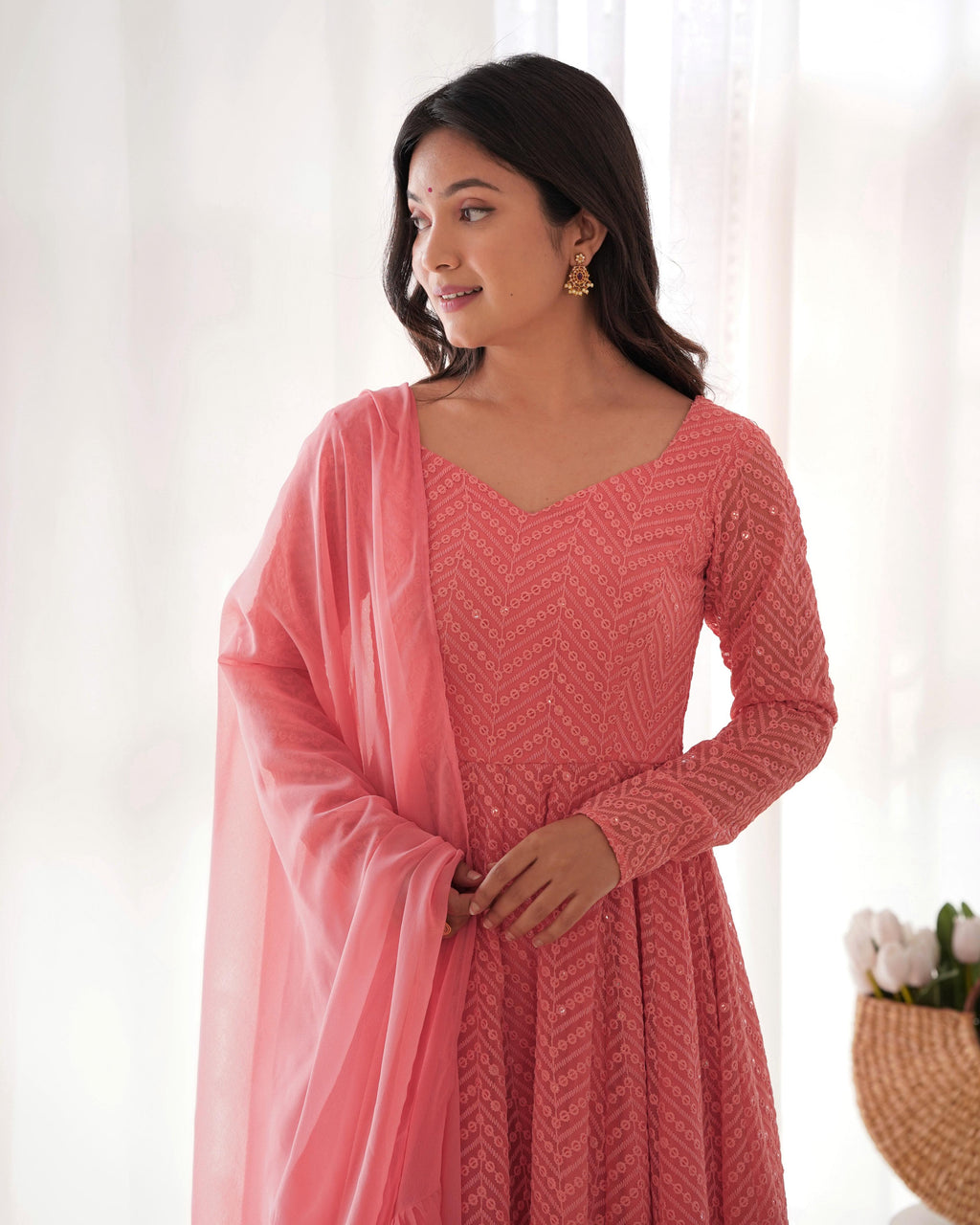 Peach Pure Soft Georgette Anarkali Suit Set with Huge Flair for Festive Occasions