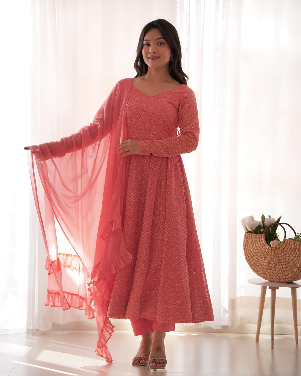 Peach Pure Soft Georgette Anarkali Suit Set with Huge Flair for Festive Occasions