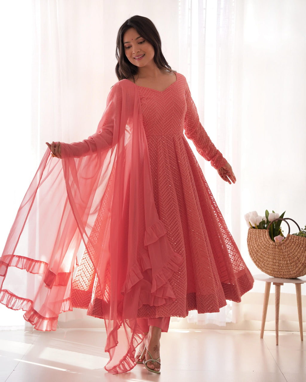 Peach Pure Soft Georgette Anarkali Suit Set with Huge Flair for Festive Occasions