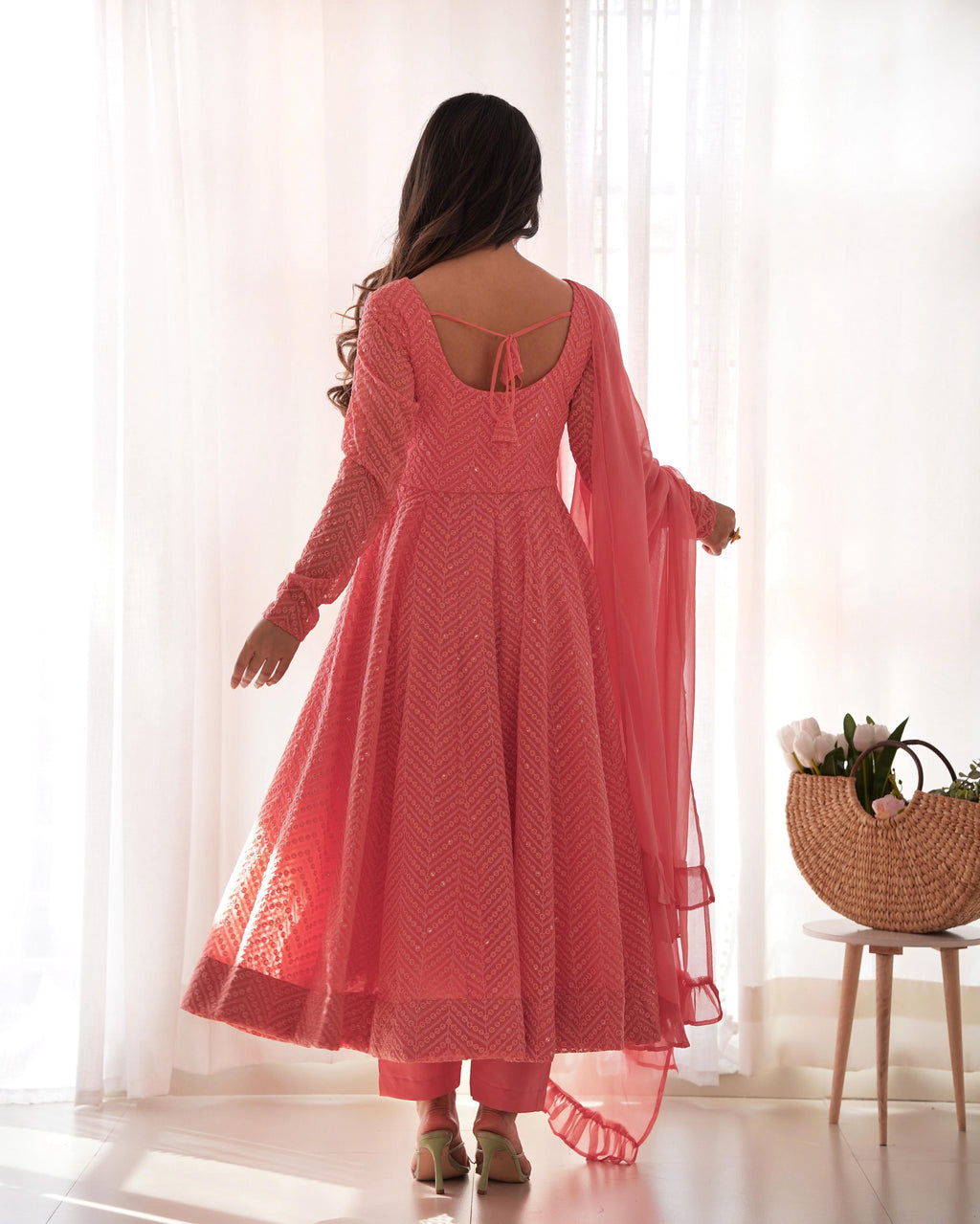 Peach Pure Soft Georgette Anarkali Suit Set with Huge Flair for Festive Occasions