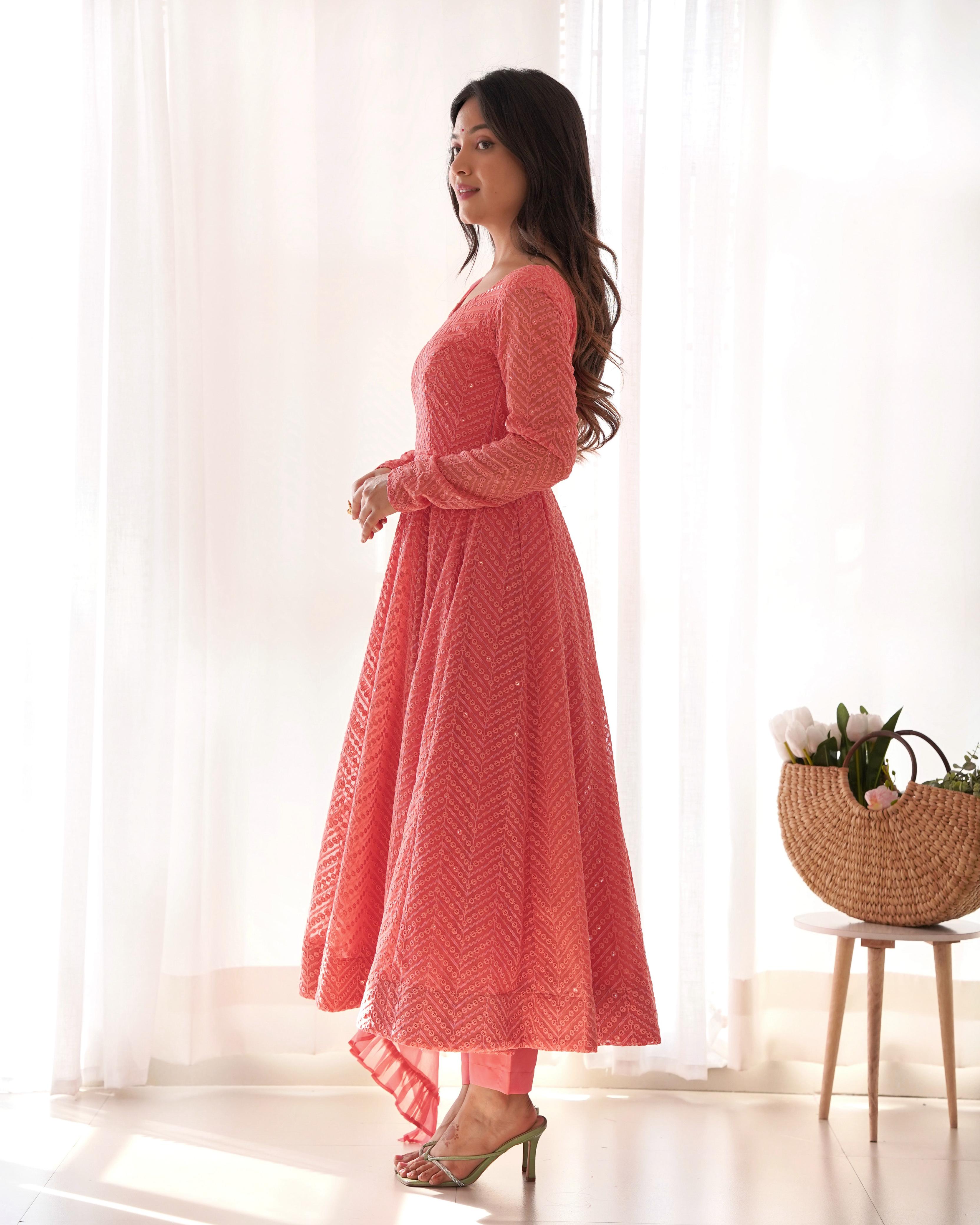 Peach Pure Soft Georgette Anarkali Suit Set with Huge Flair for Festive Occasions