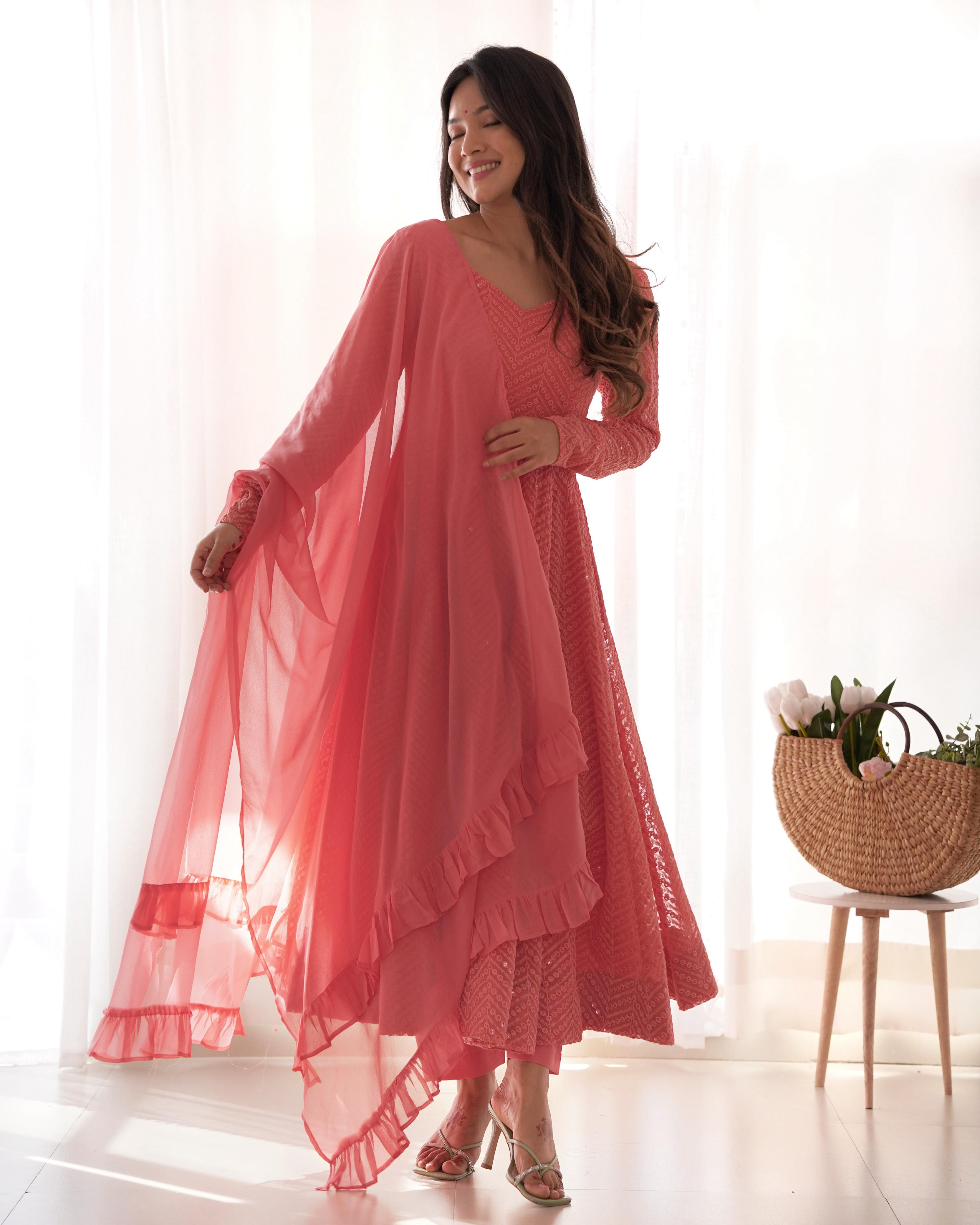 Peach Pure Soft Georgette Anarkali Suit Set with Huge Flair for Festive Occasions