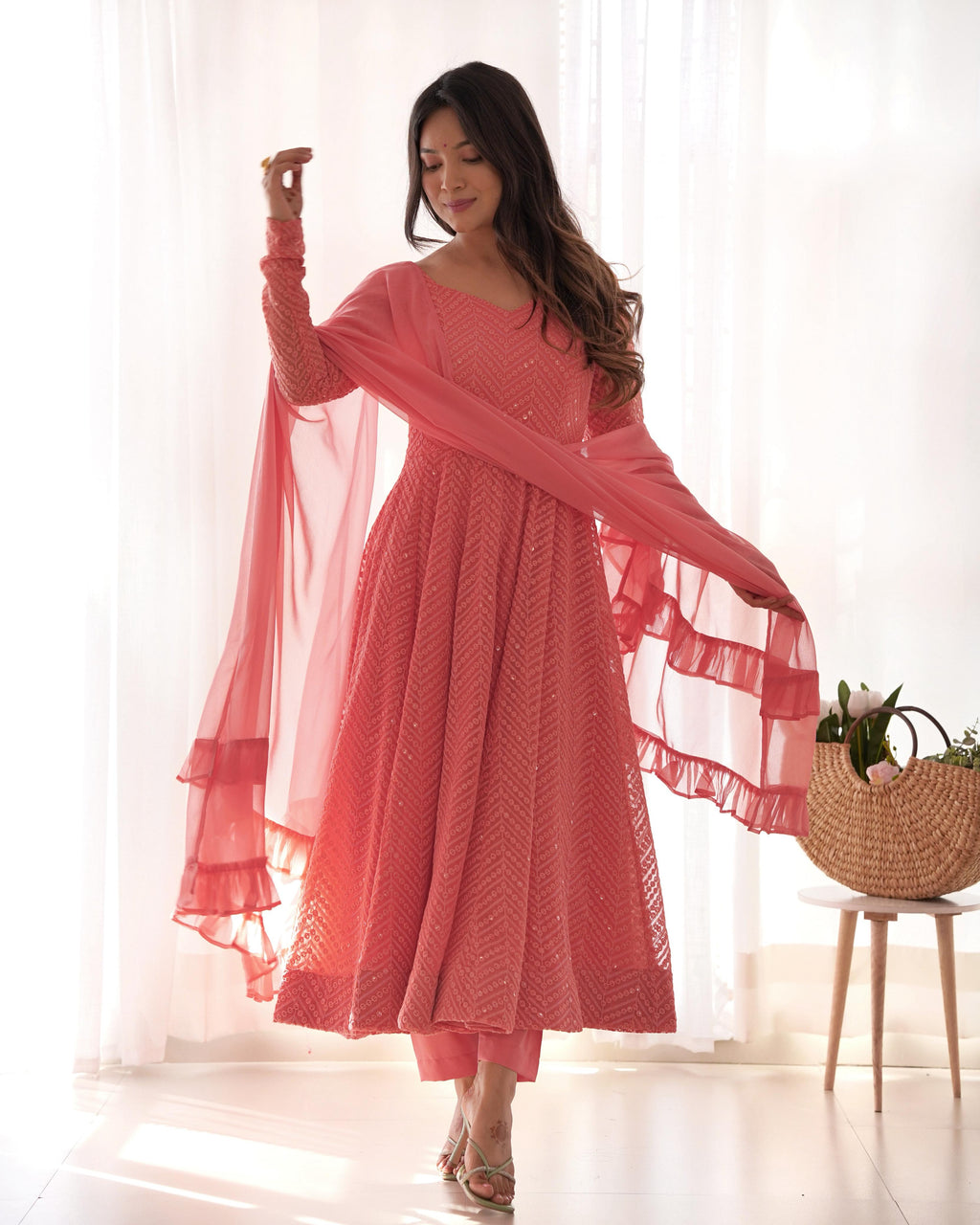 Peach Pure Soft Georgette Anarkali Suit Set with Huge Flair for Festive Occasions