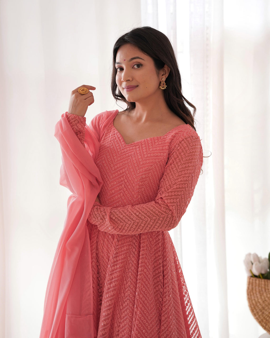 Peach Pure Soft Georgette Anarkali Suit Set with Huge Flair for Festive Occasions