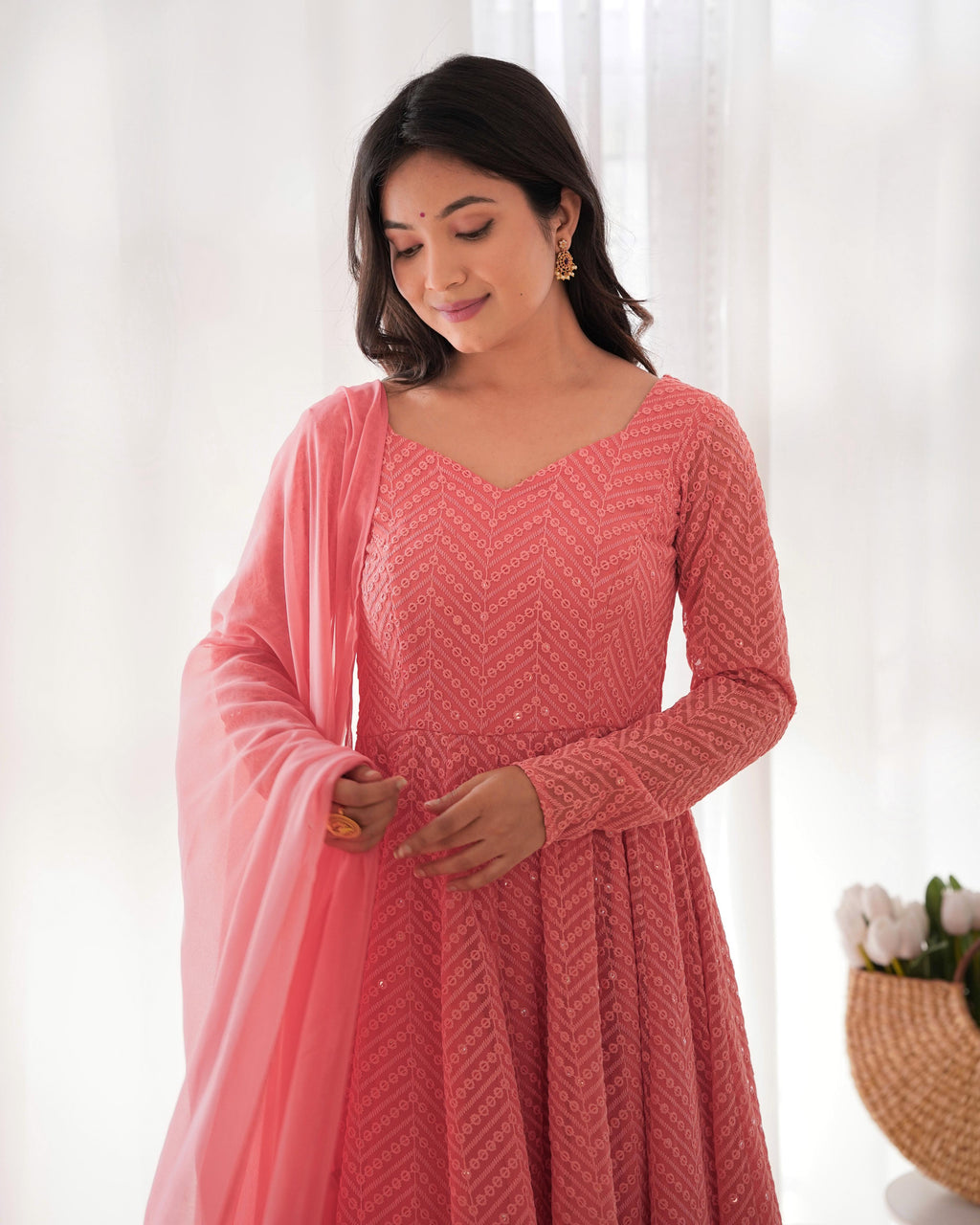 Peach Pure Soft Georgette Anarkali Suit Set with Huge Flair for Festive Occasions