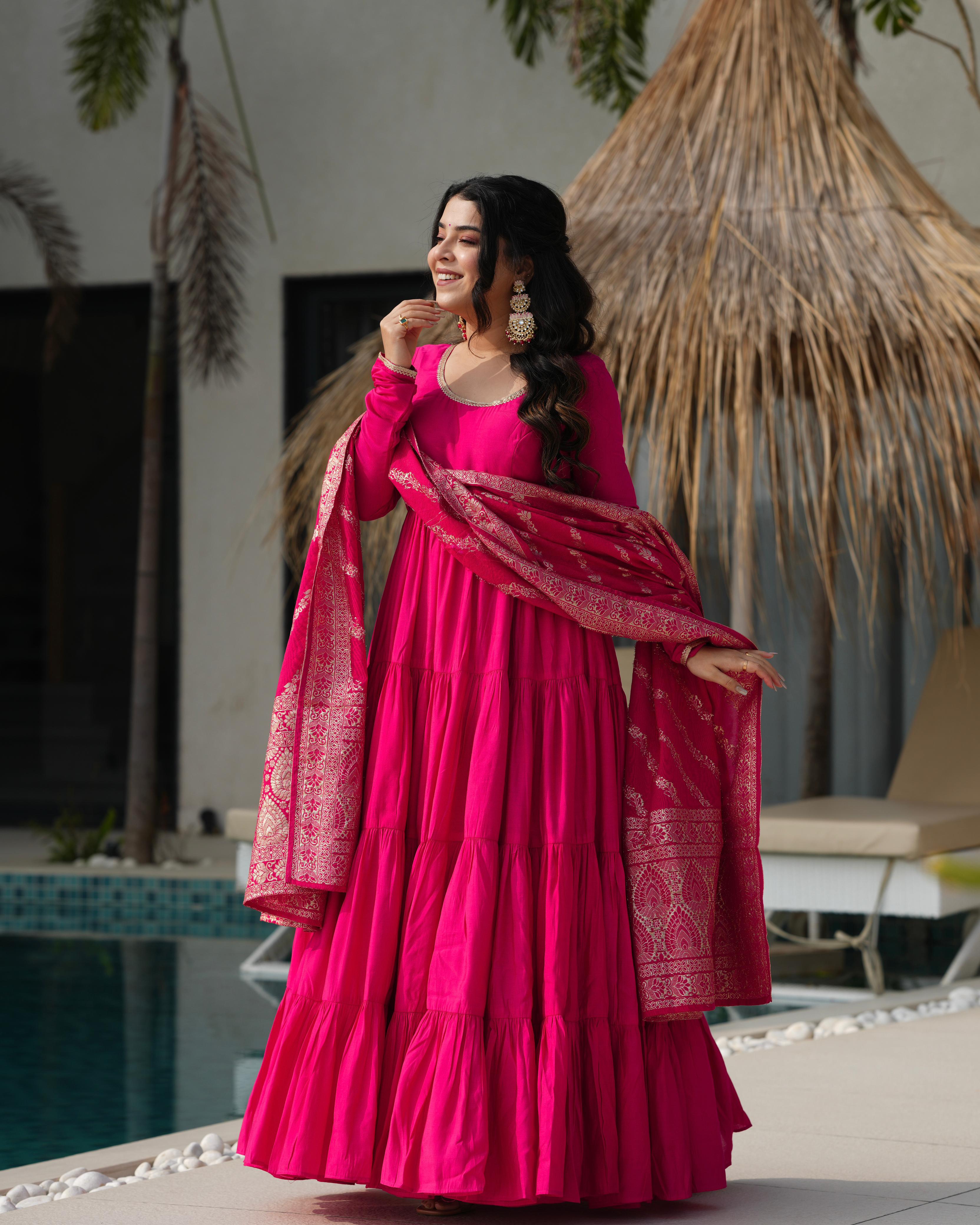 Pink Roman Silk Chanderi Anarkali Suit Set with Flair for Festive Wear