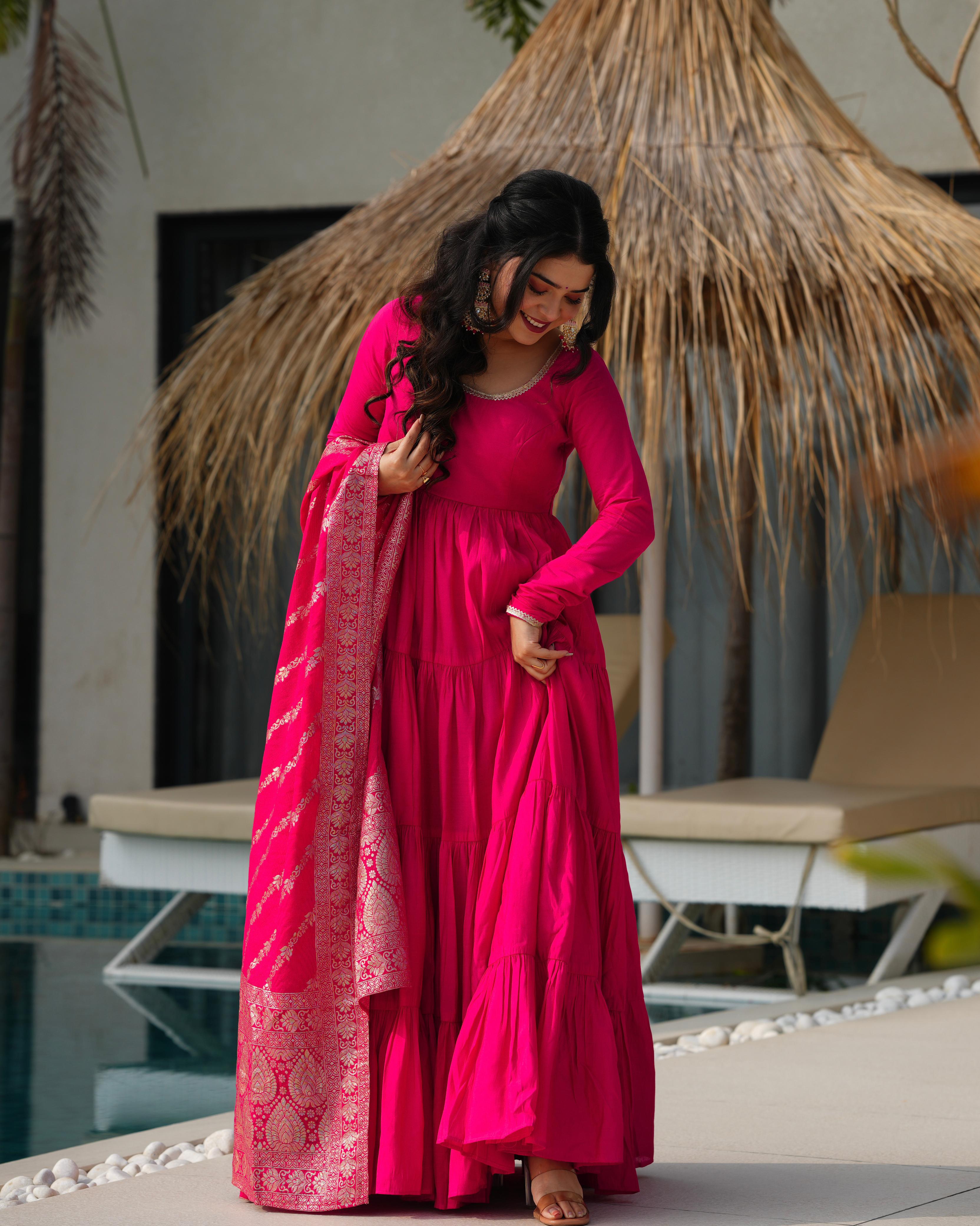 Pink Roman Silk Chanderi Anarkali Suit Set with Flair for Festive Wear