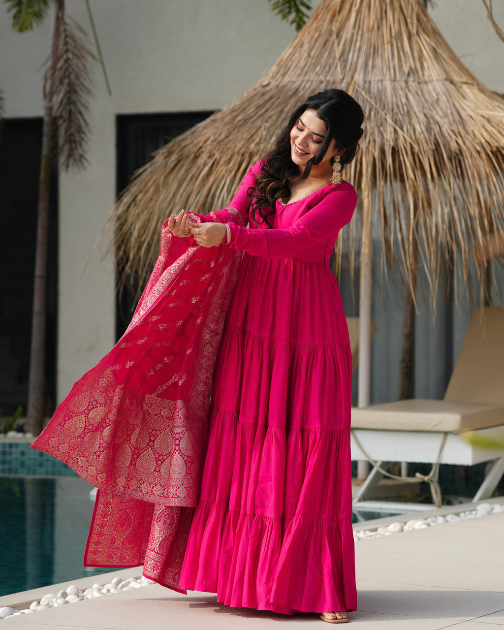 Pink Roman Silk Chanderi Anarkali Suit Set with Flair for Festive Wear