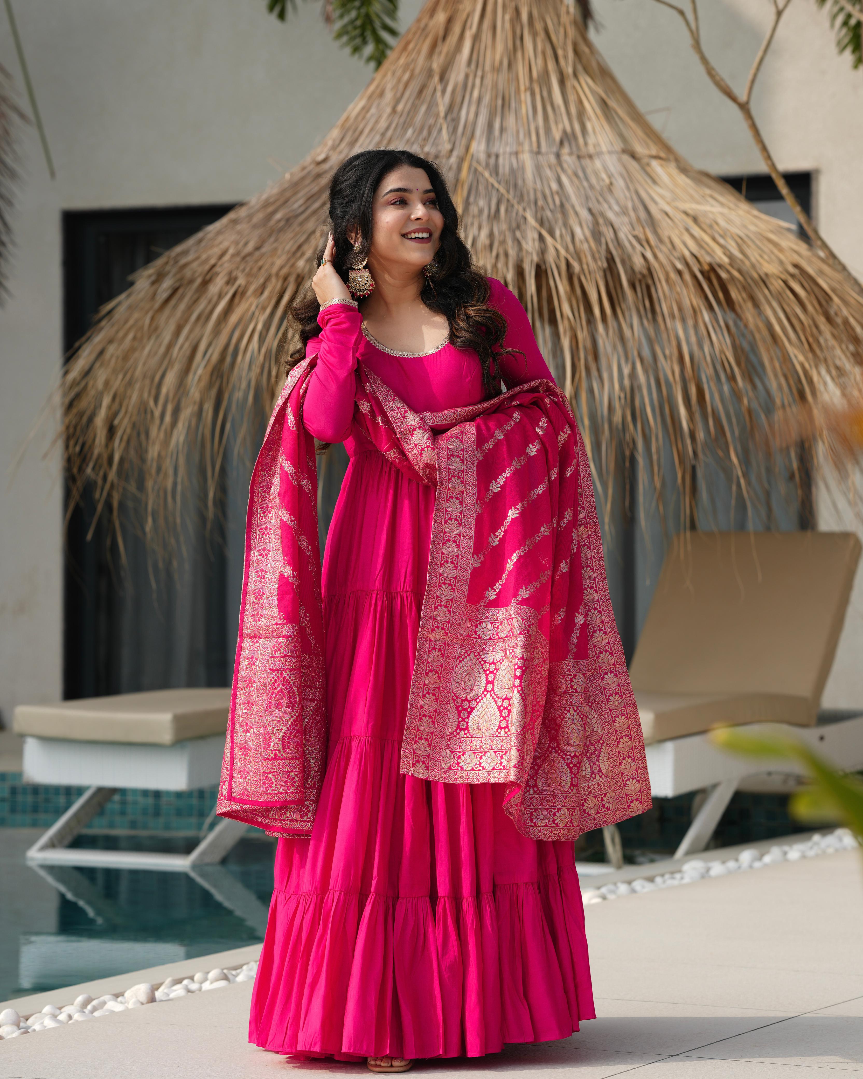 Pink Roman Silk Chanderi Anarkali Suit Set with Flair for Festive Wear