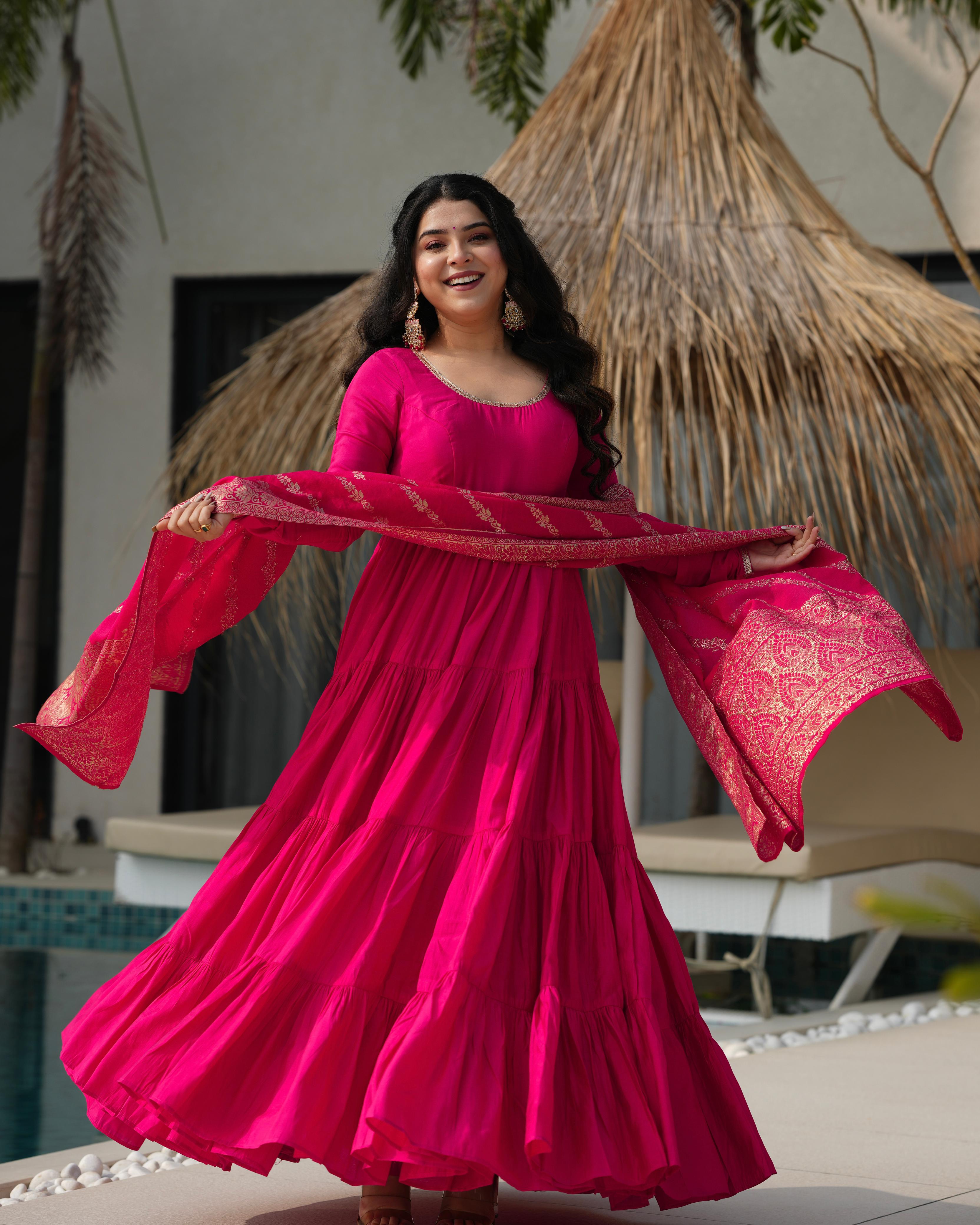 Pink Roman Silk Chanderi Anarkali Suit Set with Flair for Festive Wear