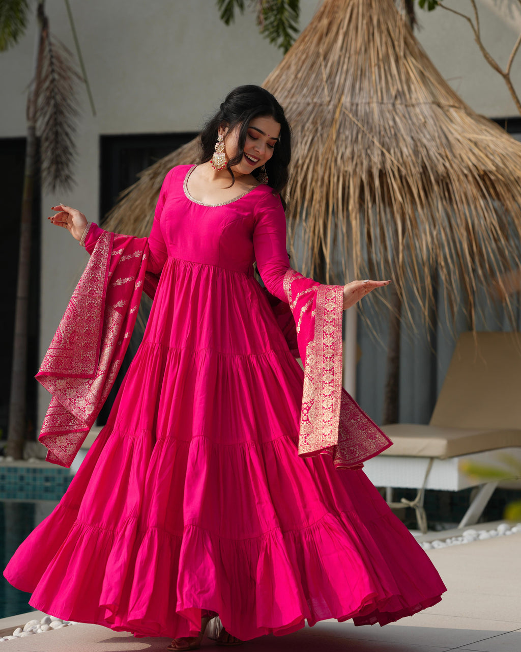 Pink Roman Silk Chanderi Anarkali Suit Set with Flair for Festive Wear