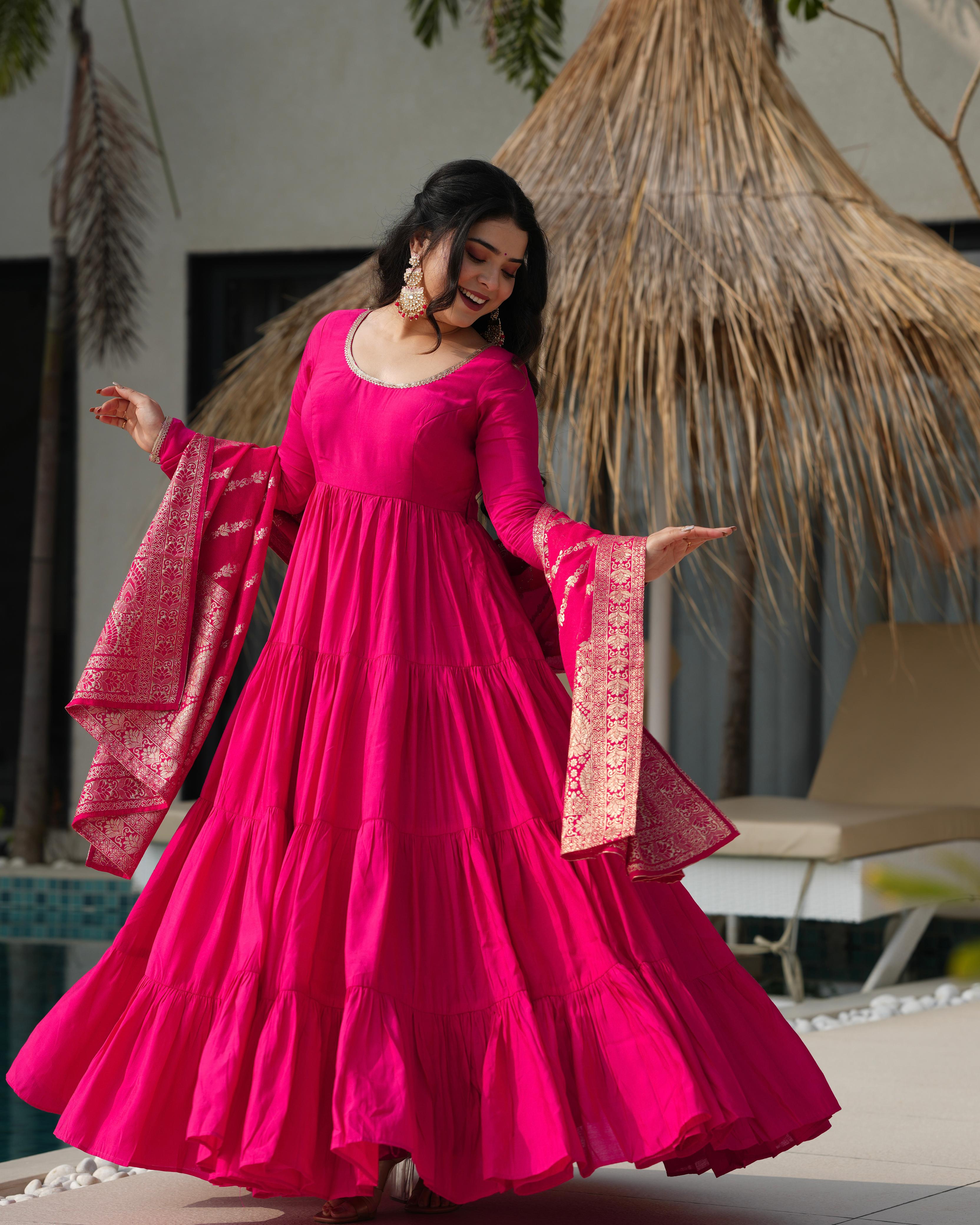 Pink Roman Silk Chanderi Anarkali Suit Set with Flair for Festive Wear