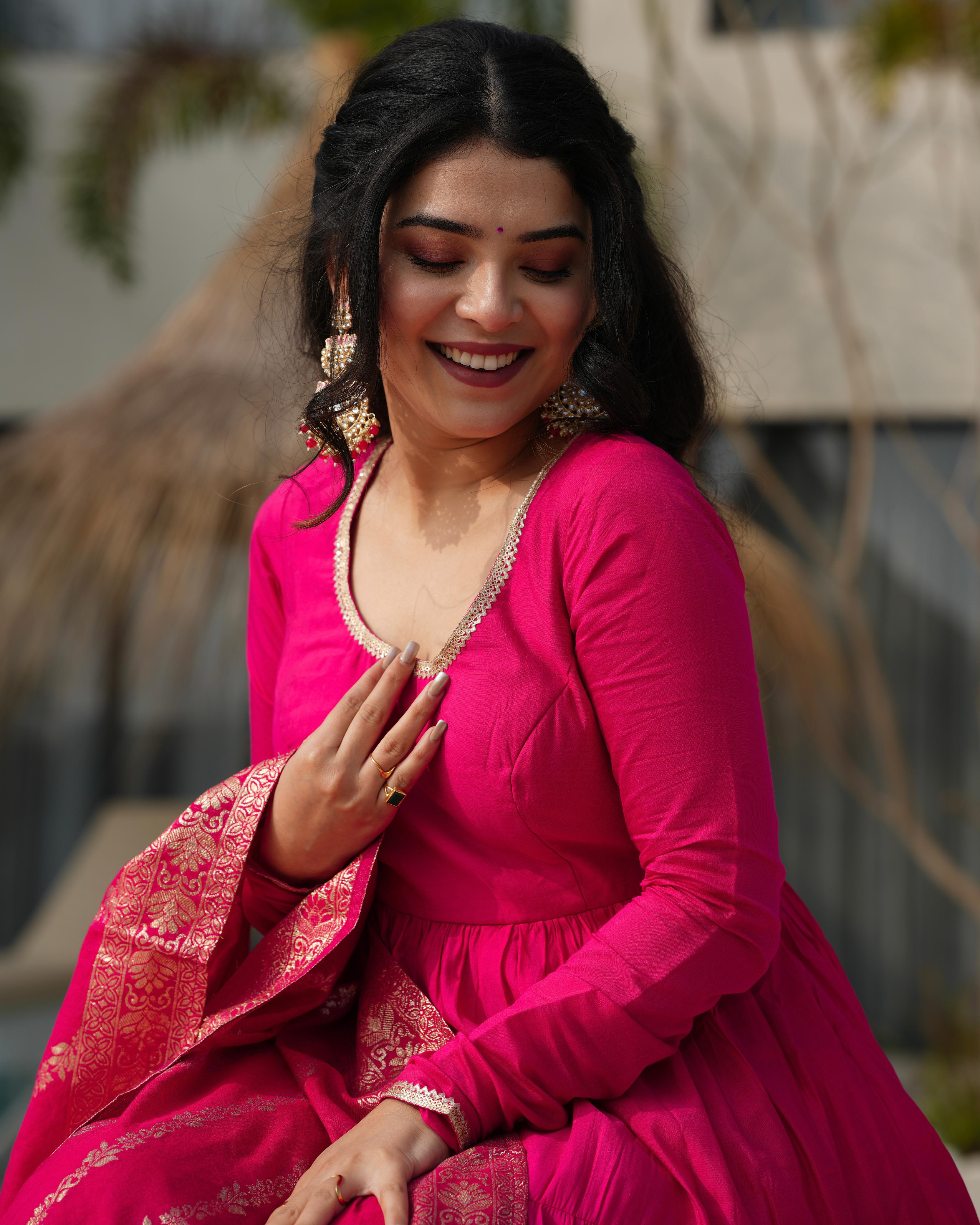 Pink Roman Silk Chanderi Anarkali Suit Set with Flair for Festive Wear