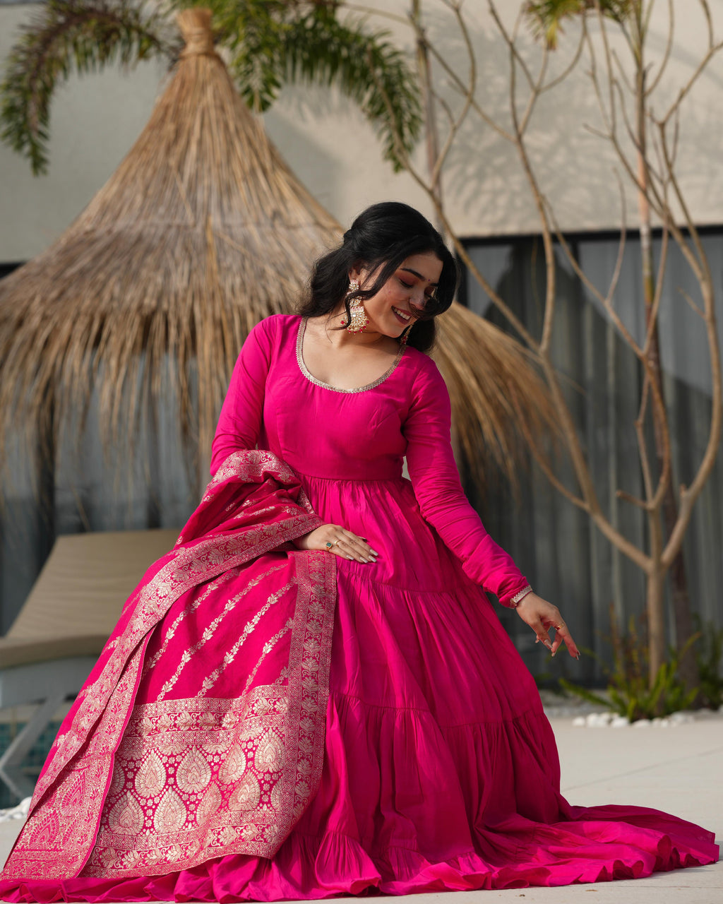 Pink Roman Silk Chanderi Anarkali Suit Set with Flair for Festive Wear