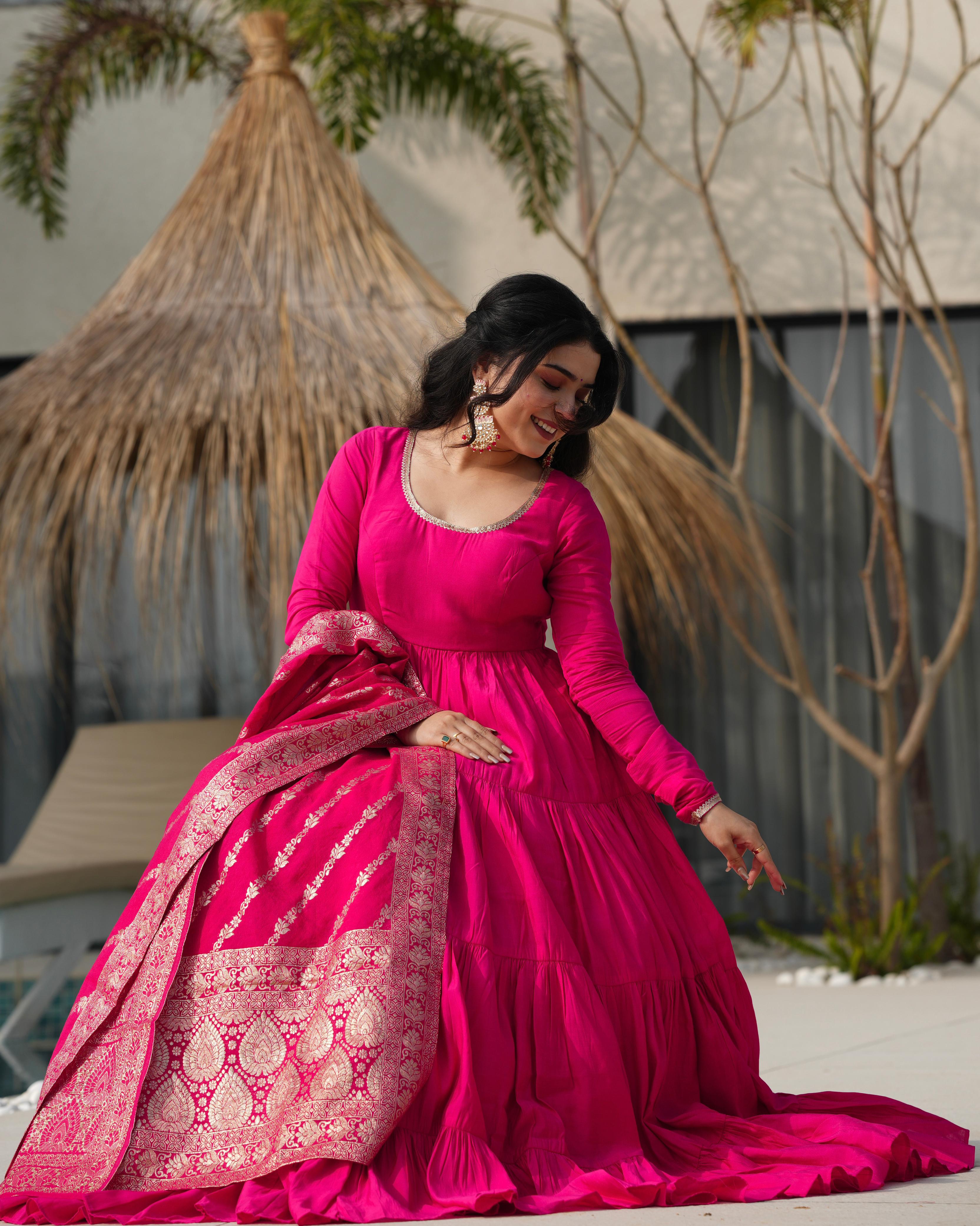 Pink Roman Silk Chanderi Anarkali Suit Set with Flair for Festive Wear