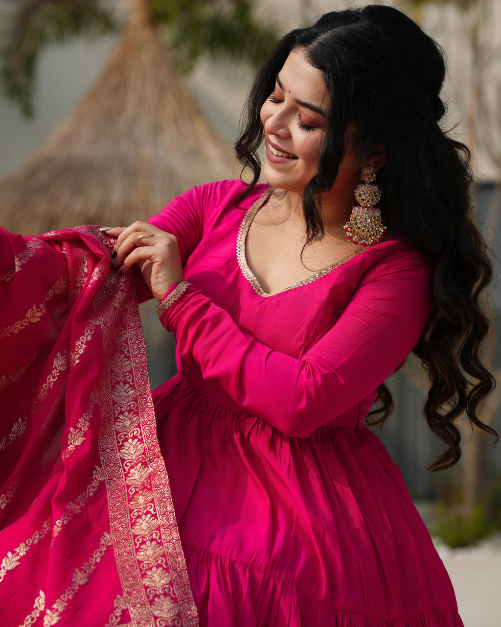 Pink Roman Silk Chanderi Anarkali Suit Set with Flair for Festive Wear