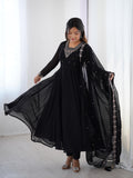 Black Pure Soft Georgette Anarkali Suit Set with Huge Flair for Festive Wear