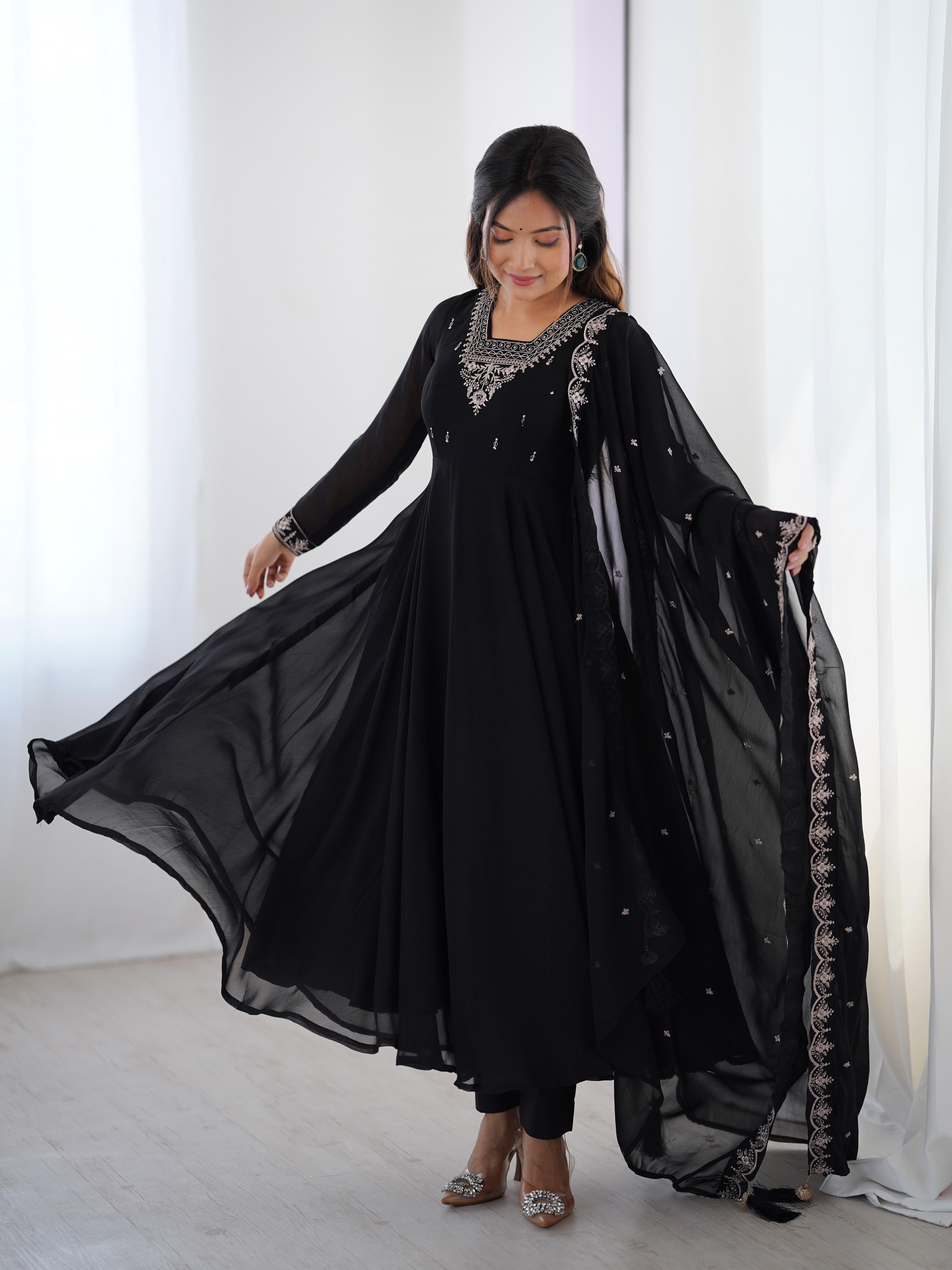 Black Pure Soft Georgette Anarkali Suit Set with Huge Flair for Festive Wear
