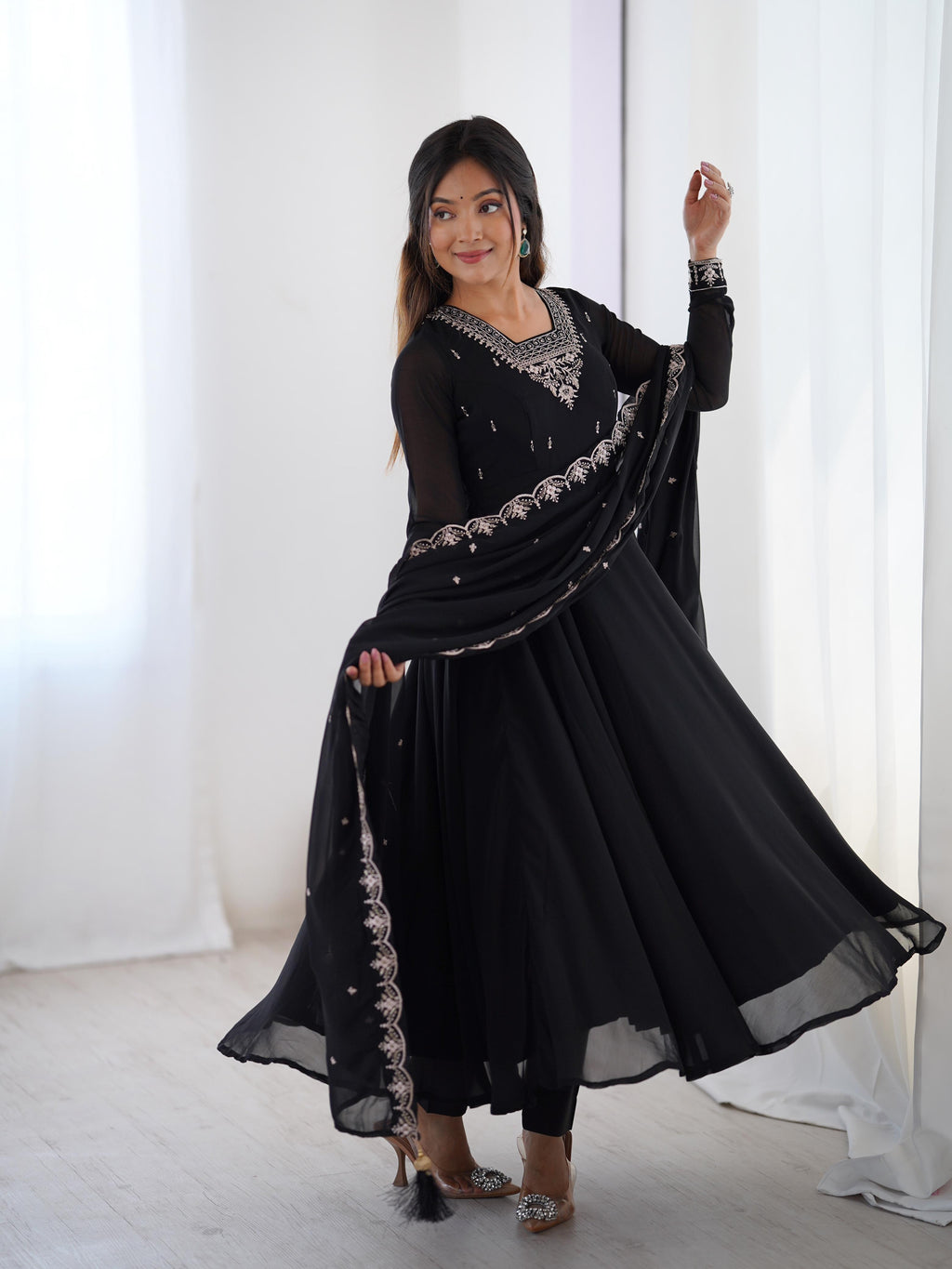 Black Pure Soft Georgette Anarkali Suit Set with Huge Flair for Festive Wear
