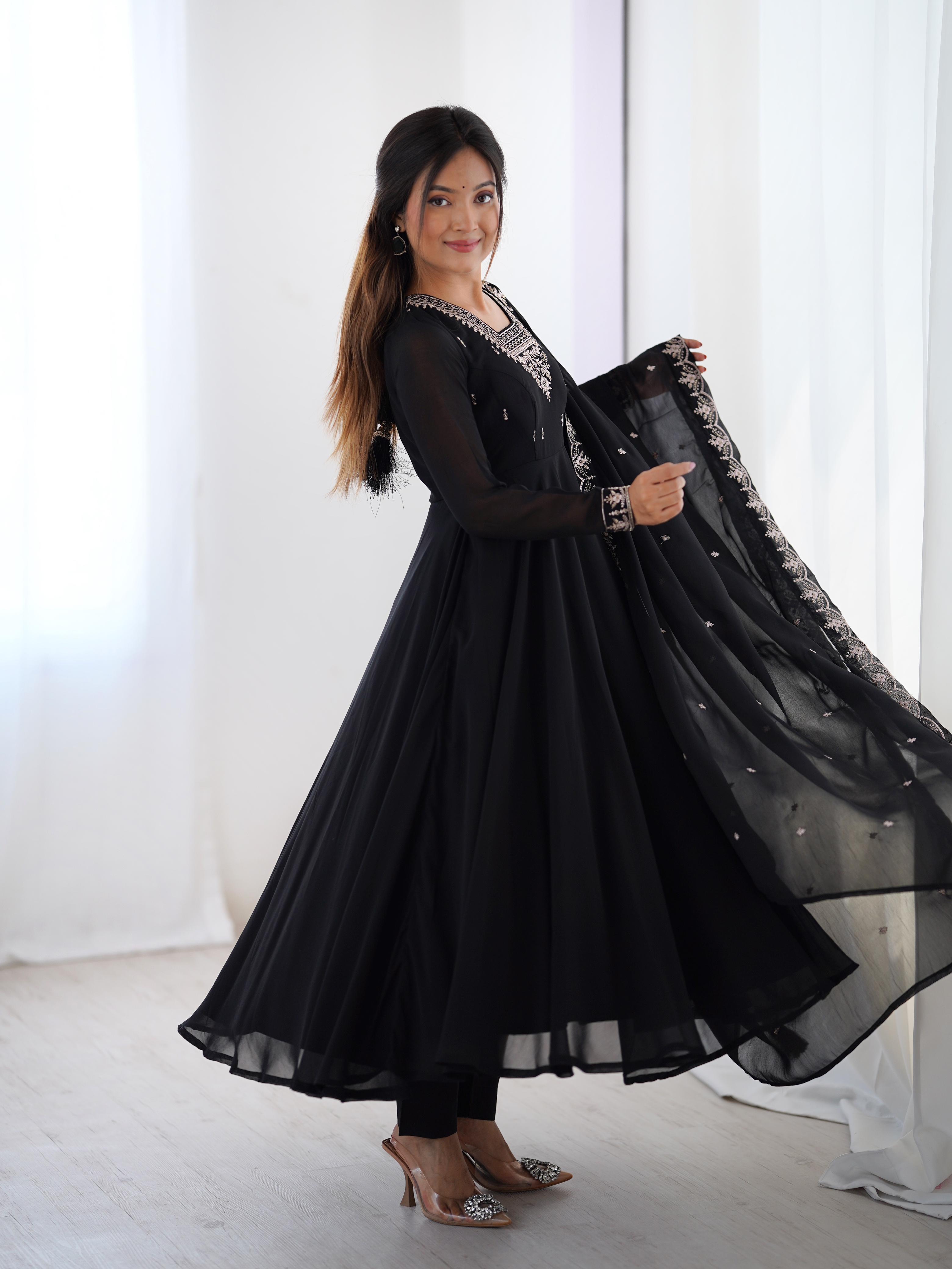 Black Pure Soft Georgette Anarkali Suit Set with Huge Flair for Festive Wear