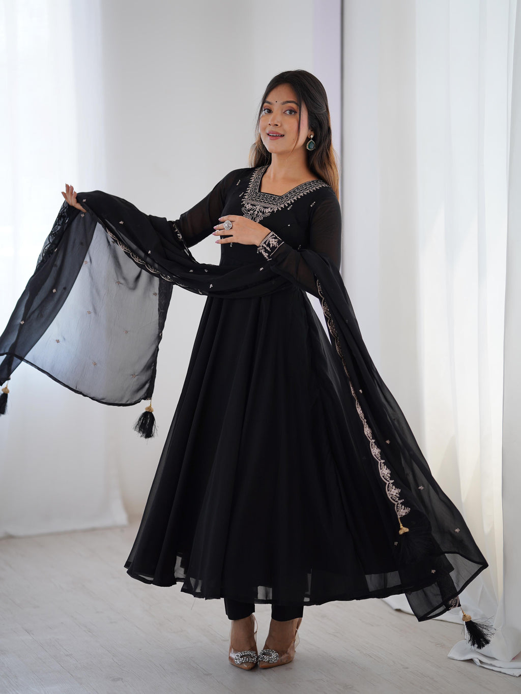 Black Pure Soft Georgette Anarkali Suit Set with Huge Flair for Festive Wear