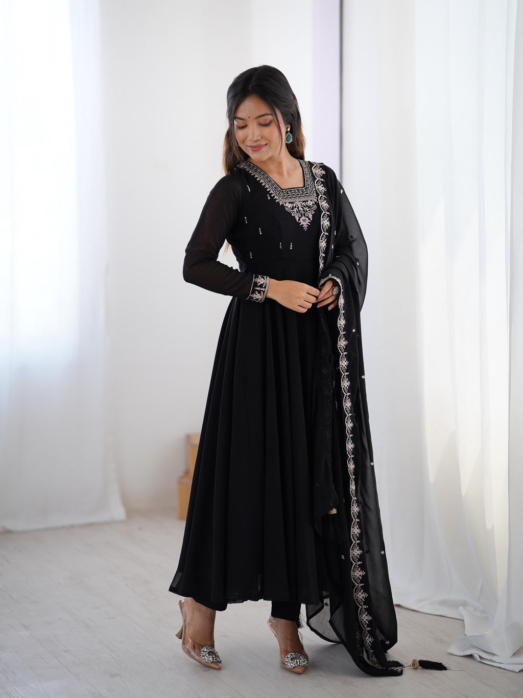 Black Pure Soft Georgette Anarkali Suit Set with Huge Flair for Festive Wear