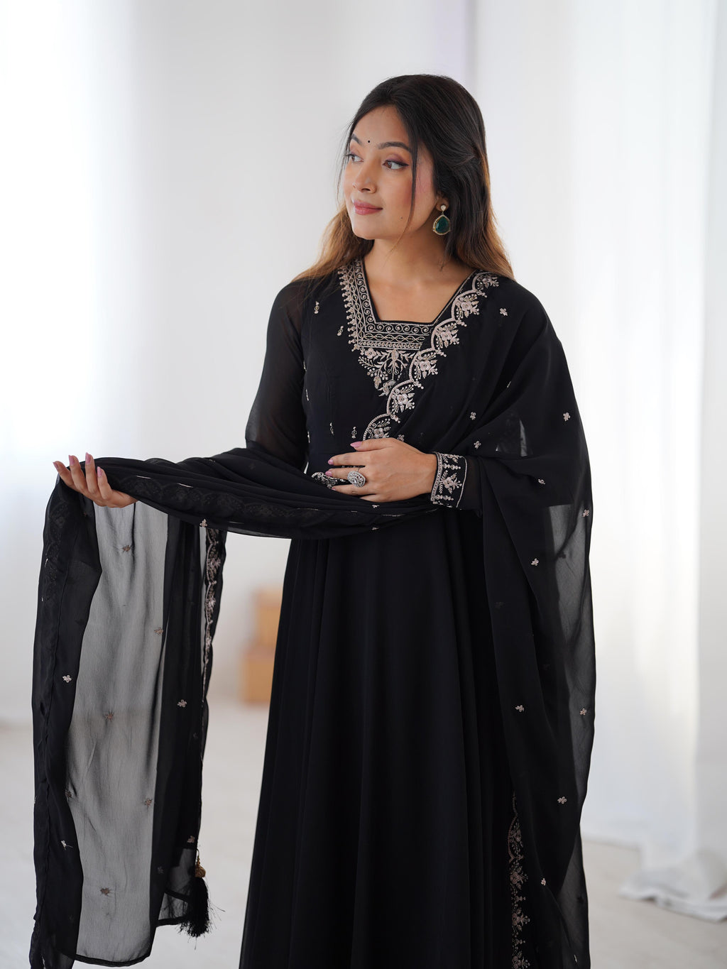 Black Pure Soft Georgette Anarkali Suit Set with Huge Flair for Festive Wear