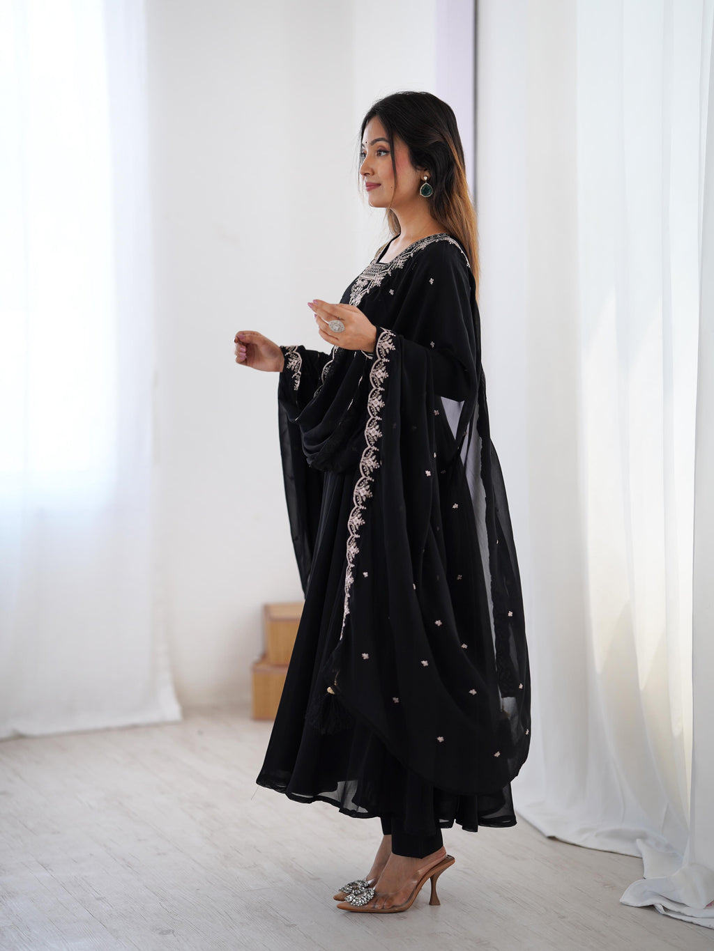 Black Pure Soft Georgette Anarkali Suit Set with Huge Flair for Festive Wear