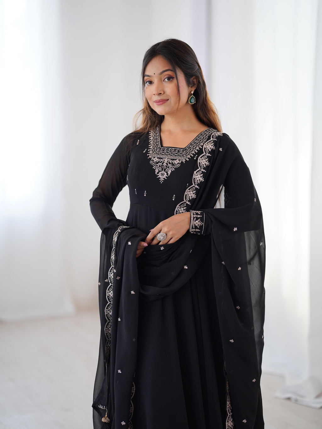 Black Pure Soft Georgette Anarkali Suit Set with Huge Flair for Festive Wear