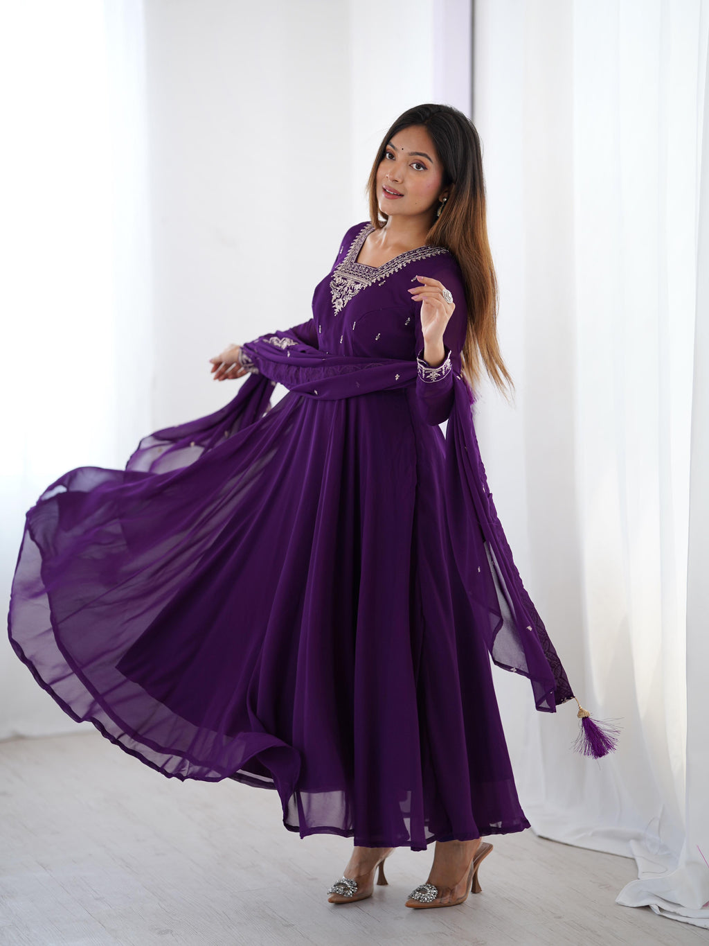 Purple Pure Soft Georgette Anarkali Suit Set with Huge Flair for Festive Wear