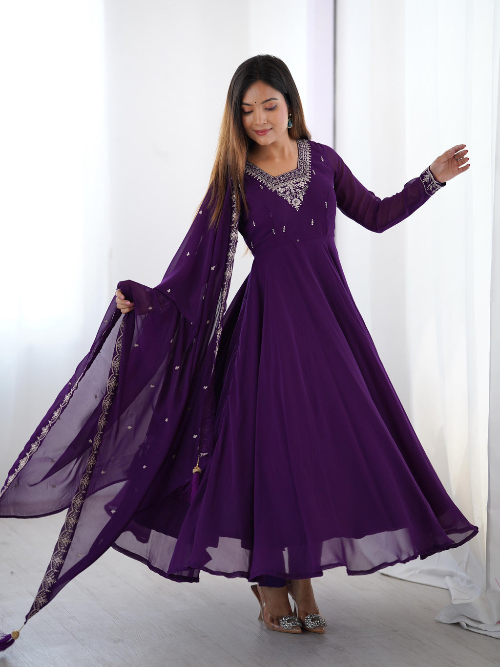Purple Pure Soft Georgette Anarkali Suit Set with Huge Flair for Festive Wear