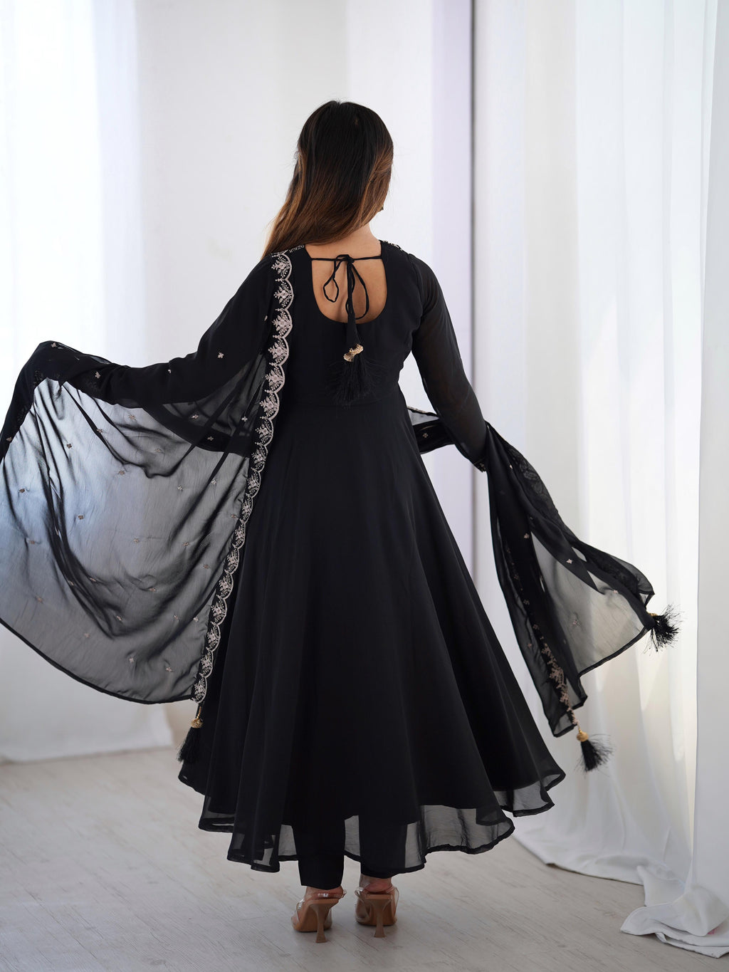 Black Pure Soft Georgette Anarkali Suit Set with Huge Flair for Festive Wear