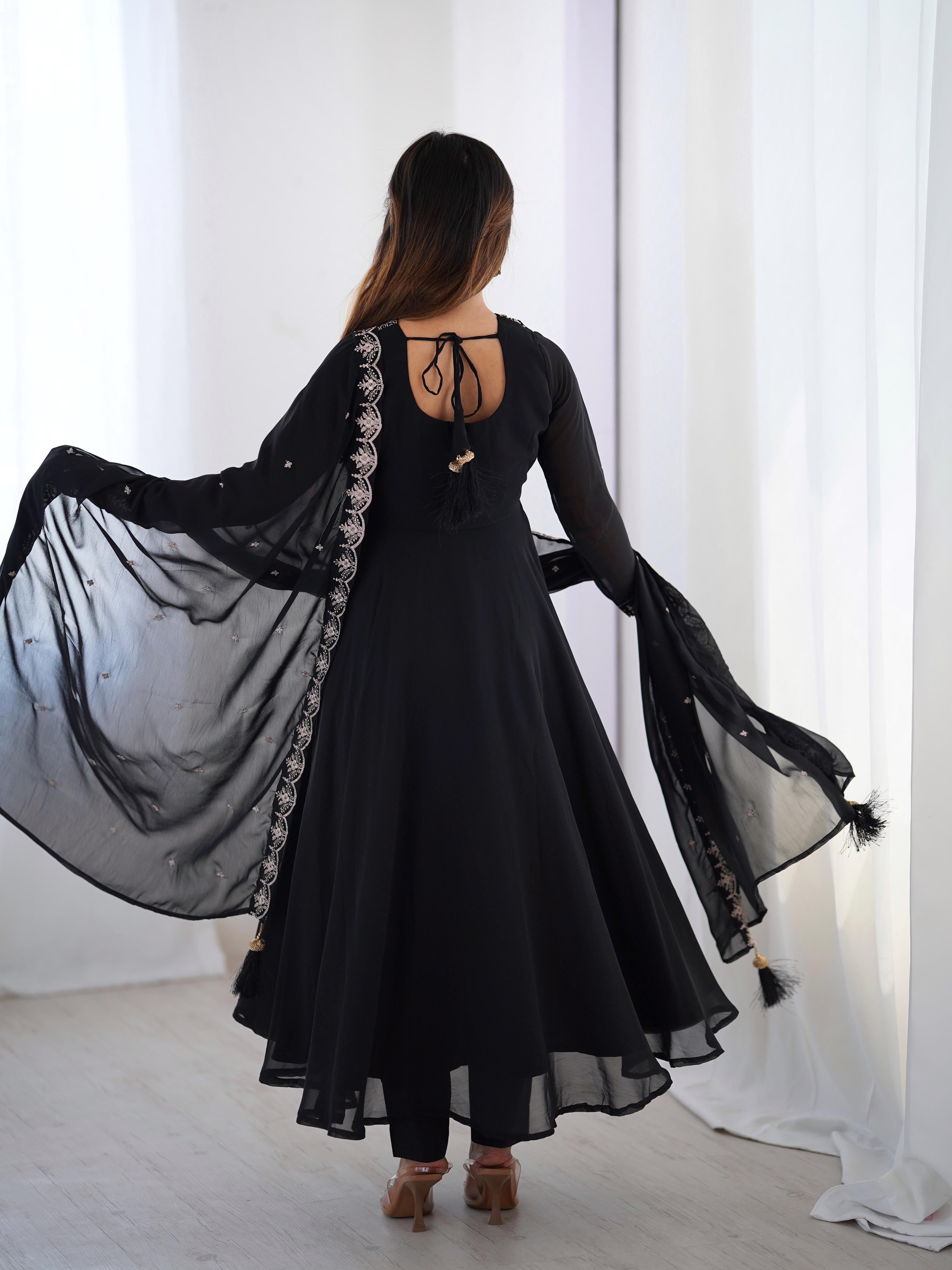 Black Pure Soft Georgette Anarkali Suit Set with Huge Flair for Festive Wear
