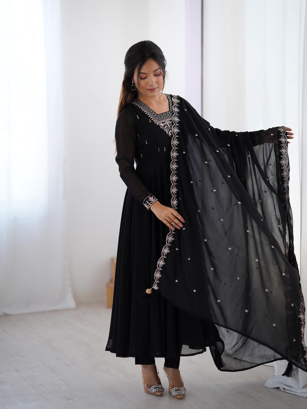 Black Pure Soft Georgette Anarkali Suit Set with Huge Flair for Festive Wear