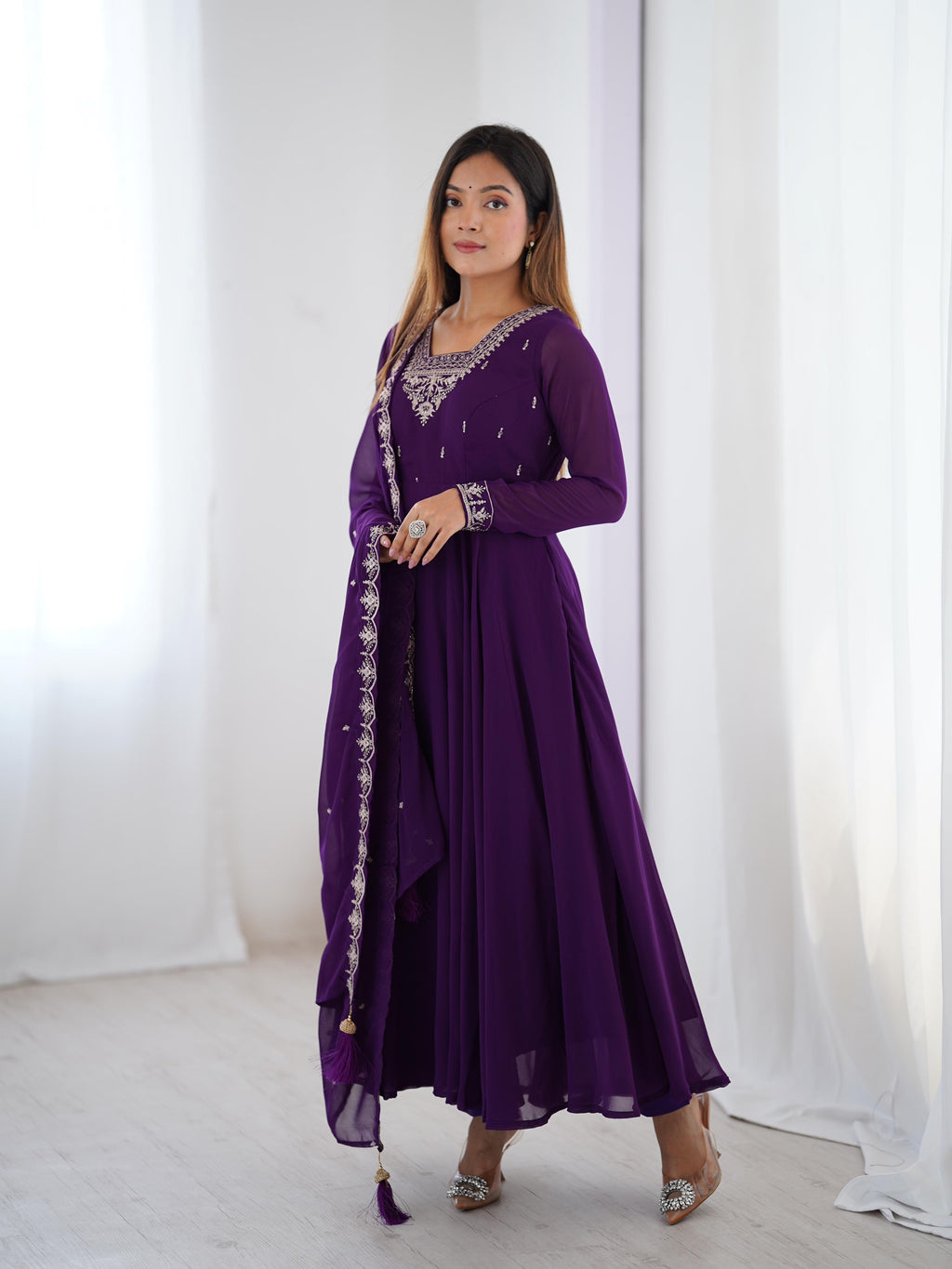 Purple Pure Soft Georgette Anarkali Suit Set with Huge Flair for Festive Wear