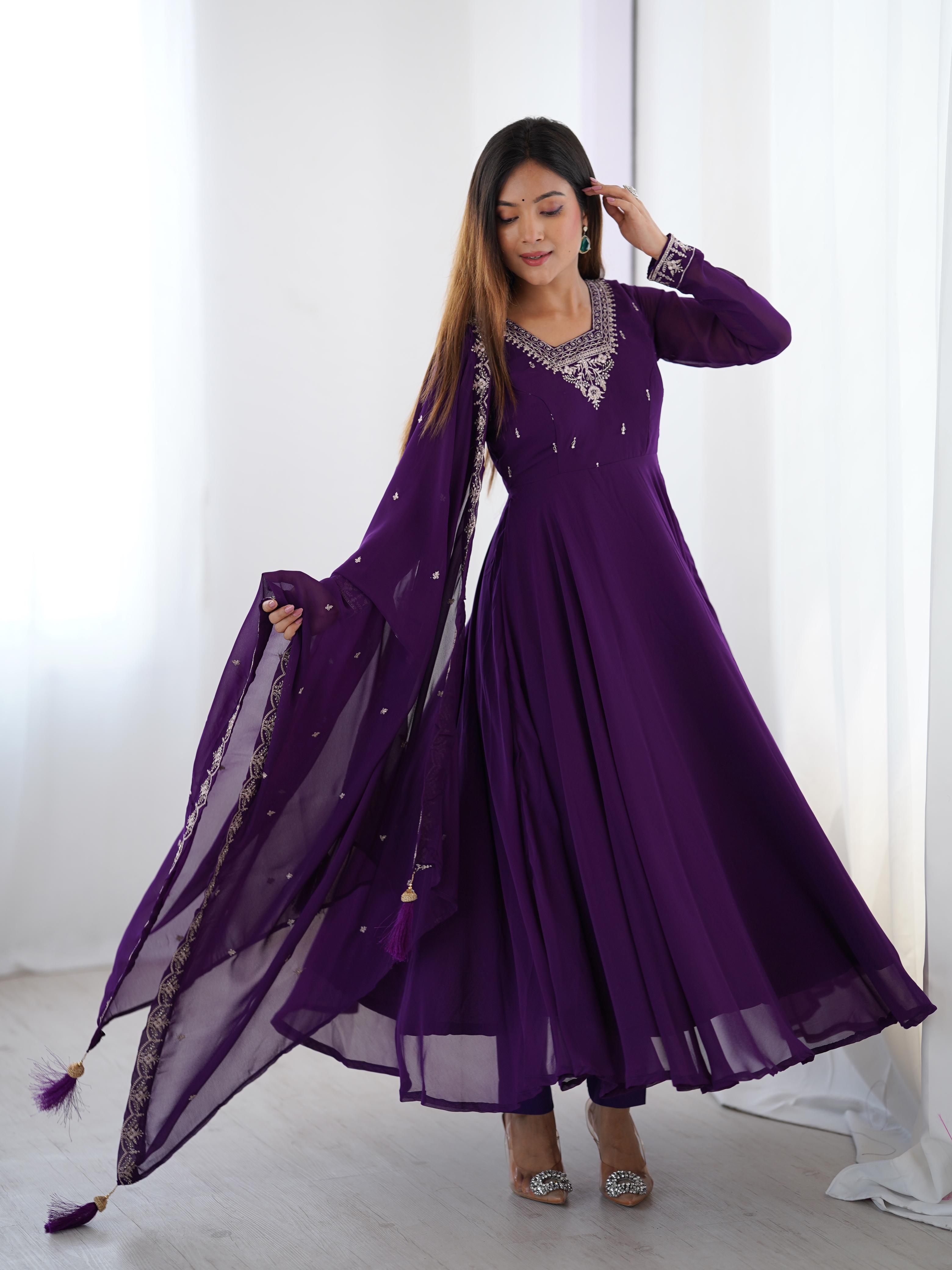 Purple Pure Soft Georgette Anarkali Suit Set with Huge Flair for Festive Wear