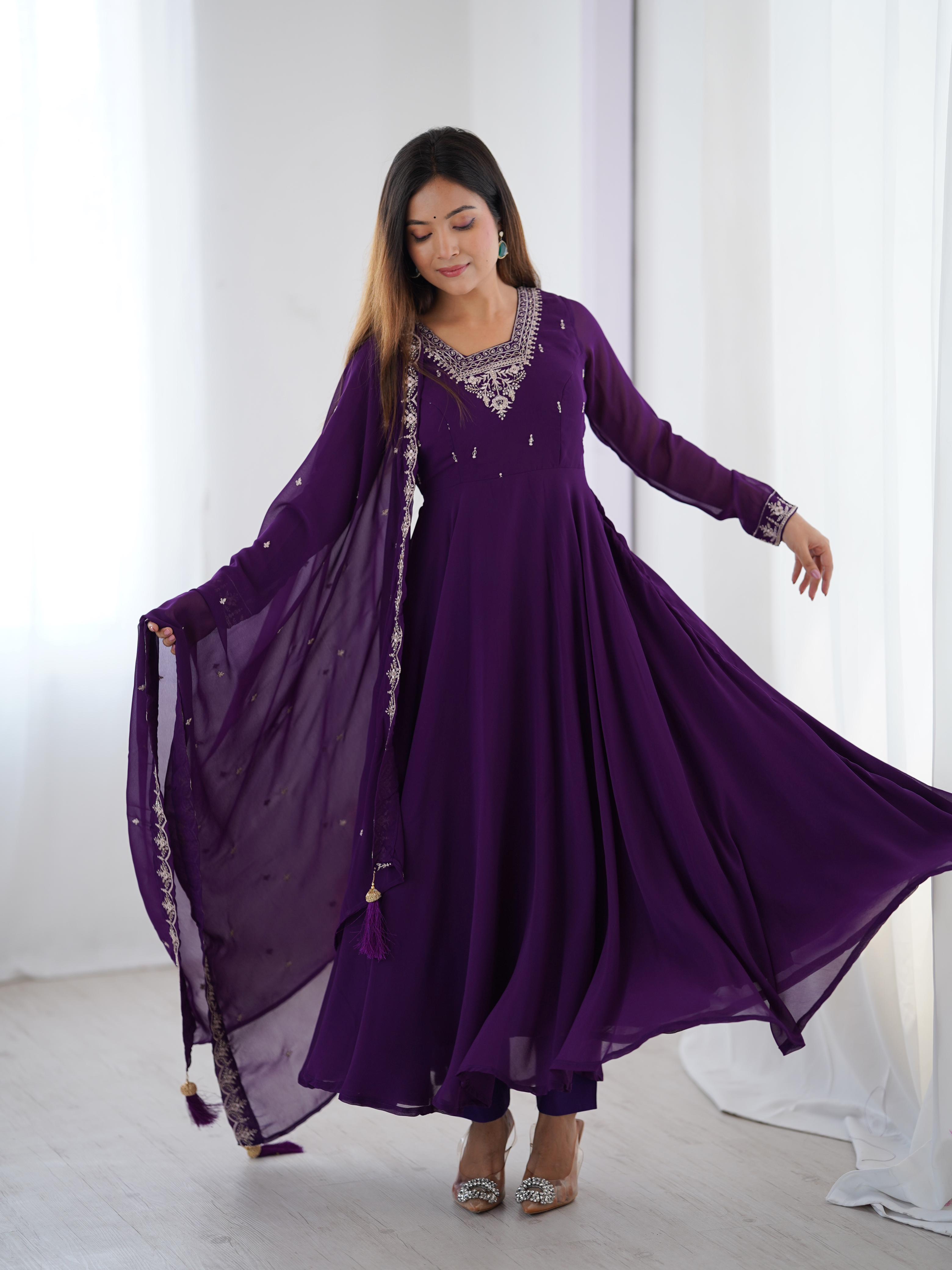 Purple Pure Soft Georgette Anarkali Suit Set with Huge Flair for Festive Wear