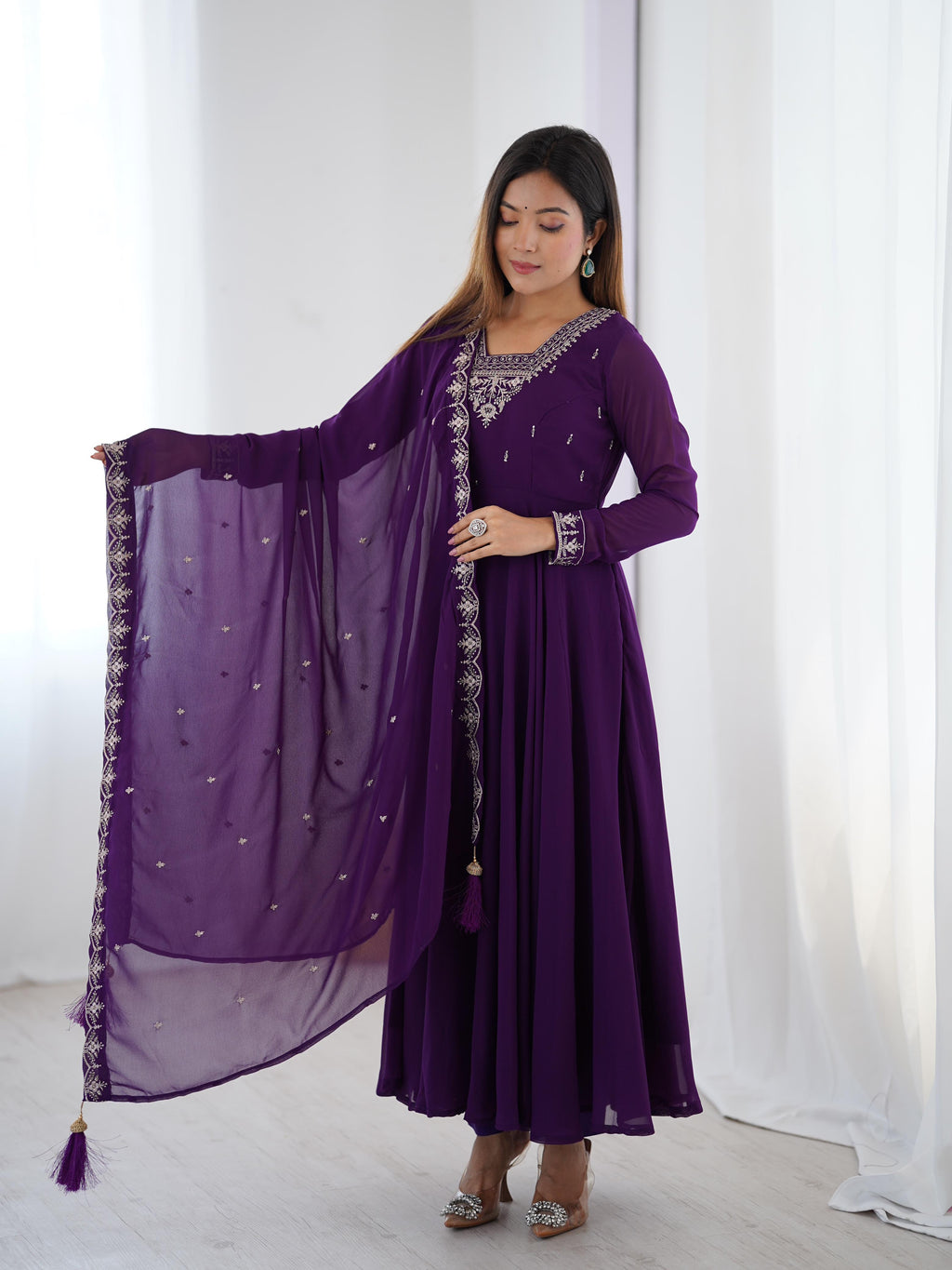Purple Pure Soft Georgette Anarkali Suit Set with Huge Flair for Festive Wear