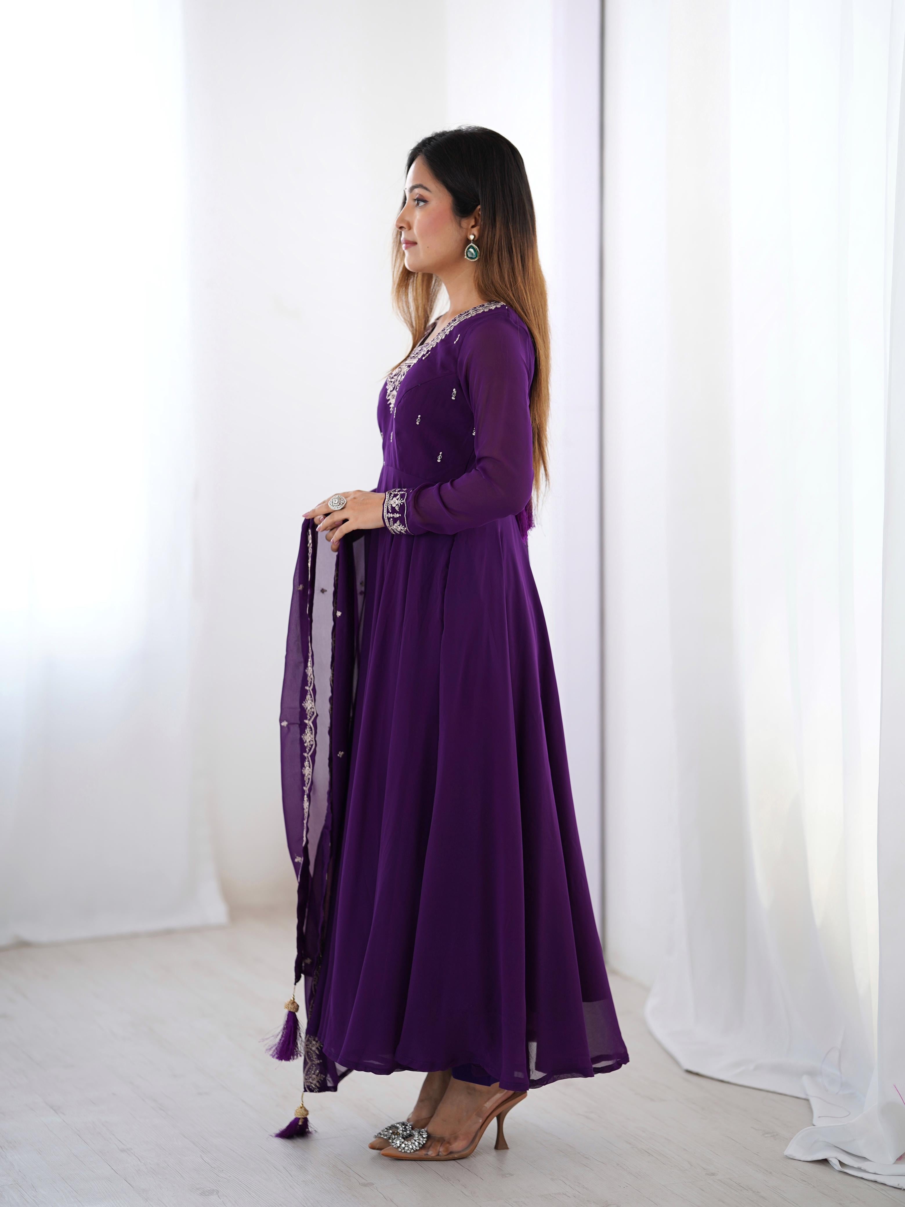 Purple Pure Soft Georgette Anarkali Suit Set with Huge Flair for Festive Wear