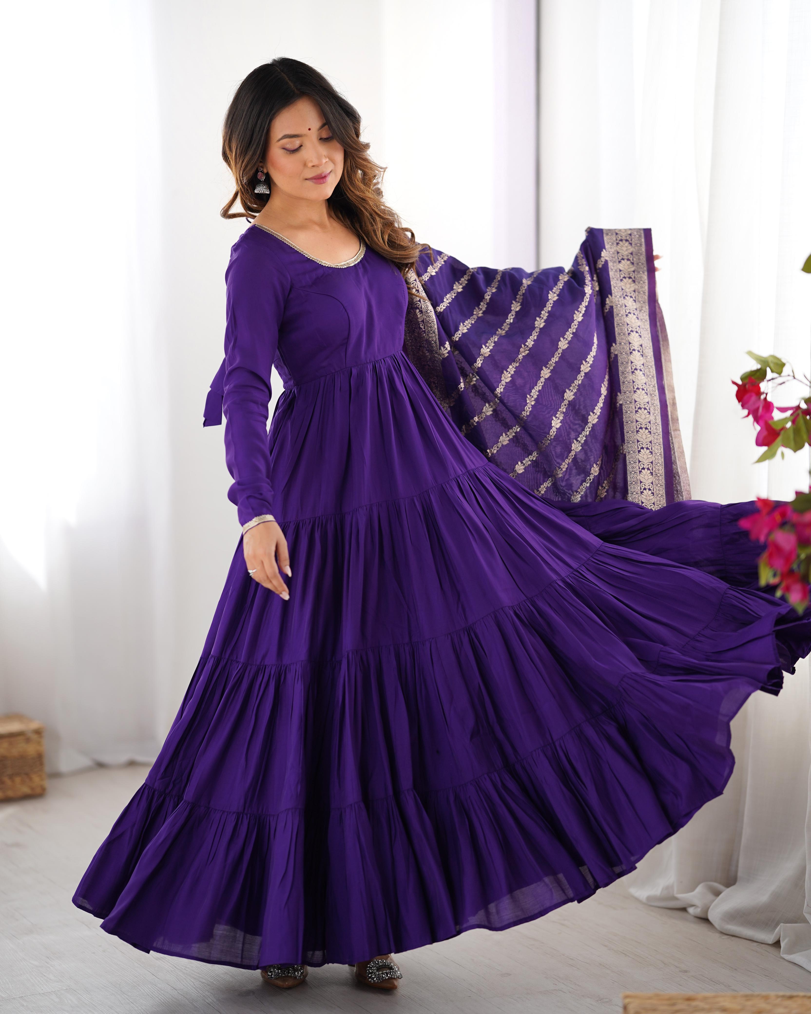 Purple Roman Silk Chanderi Anarkali Suit Set with Flair for Festive Wear