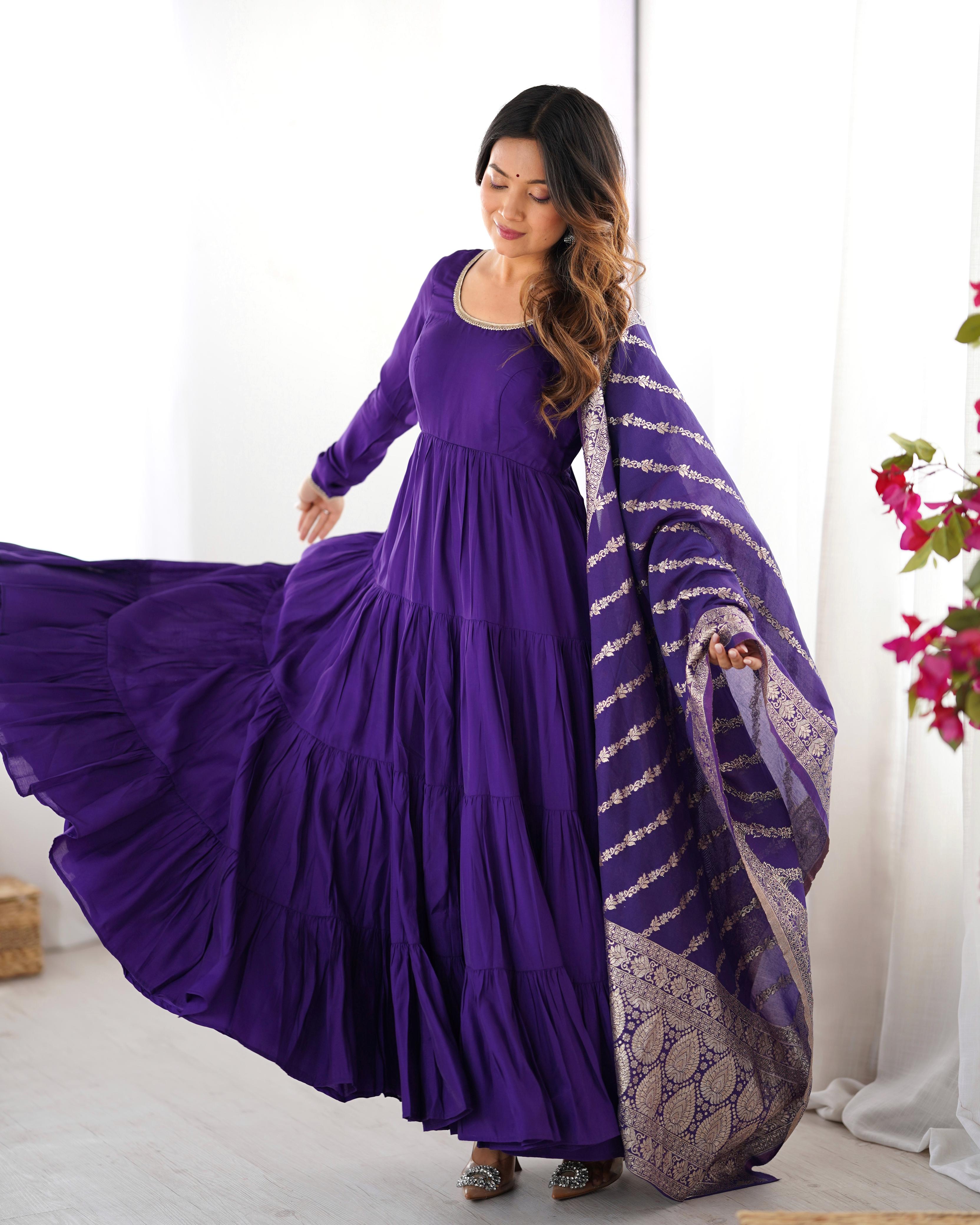 Purple Roman Silk Chanderi Anarkali Suit Set with Flair for Festive Wear