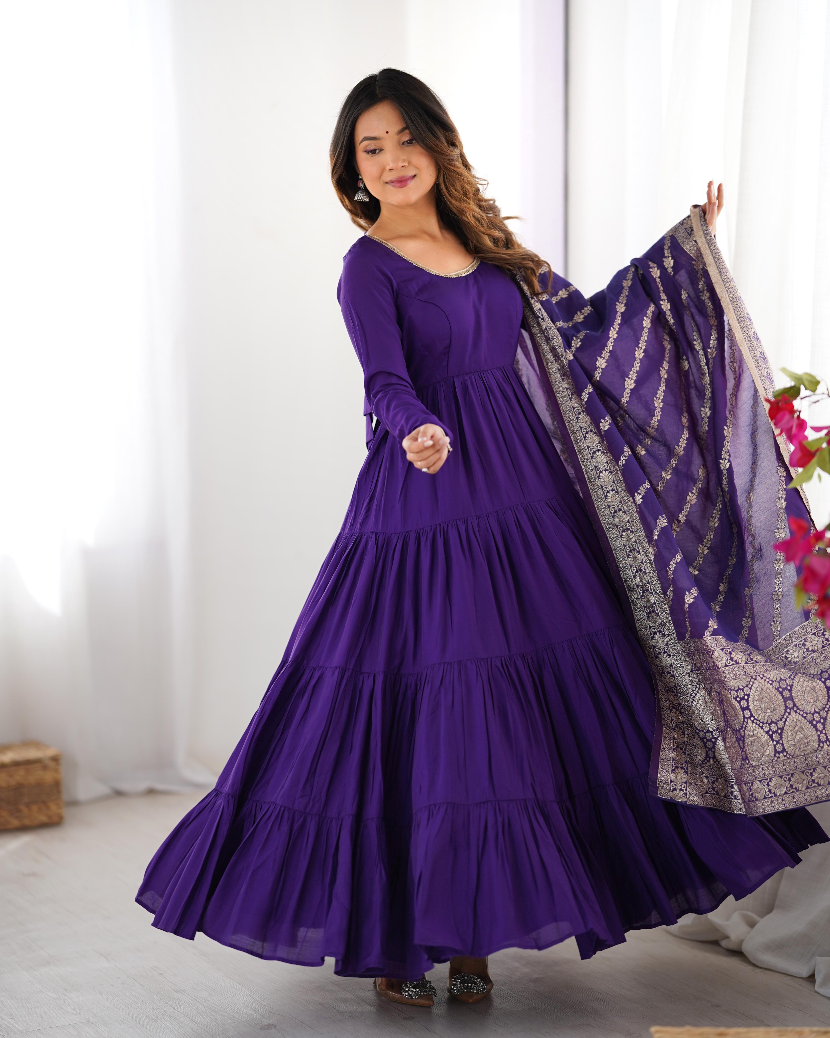 Purple Roman Silk Chanderi Anarkali Suit Set with Flair for Festive Wear
