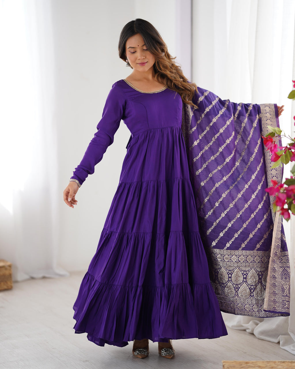 Purple Roman Silk Chanderi Anarkali Suit Set with Flair for Festive Wear