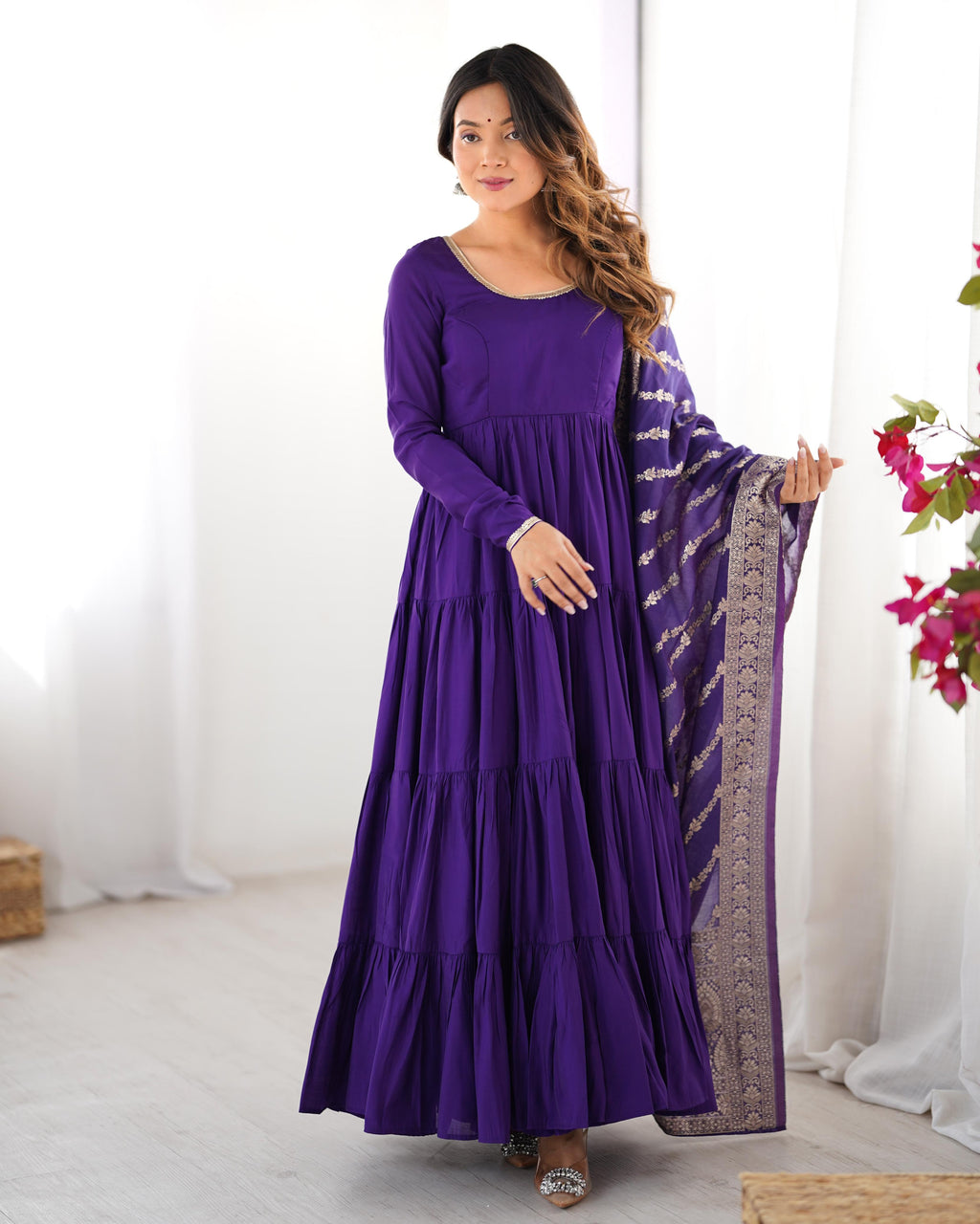 Purple Roman Silk Chanderi Anarkali Suit Set with Flair for Festive Wear