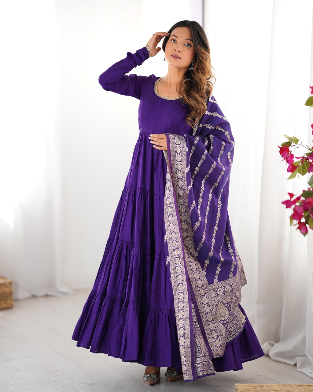 Purple Roman Silk Chanderi Anarkali Suit Set with Flair for Festive Wear