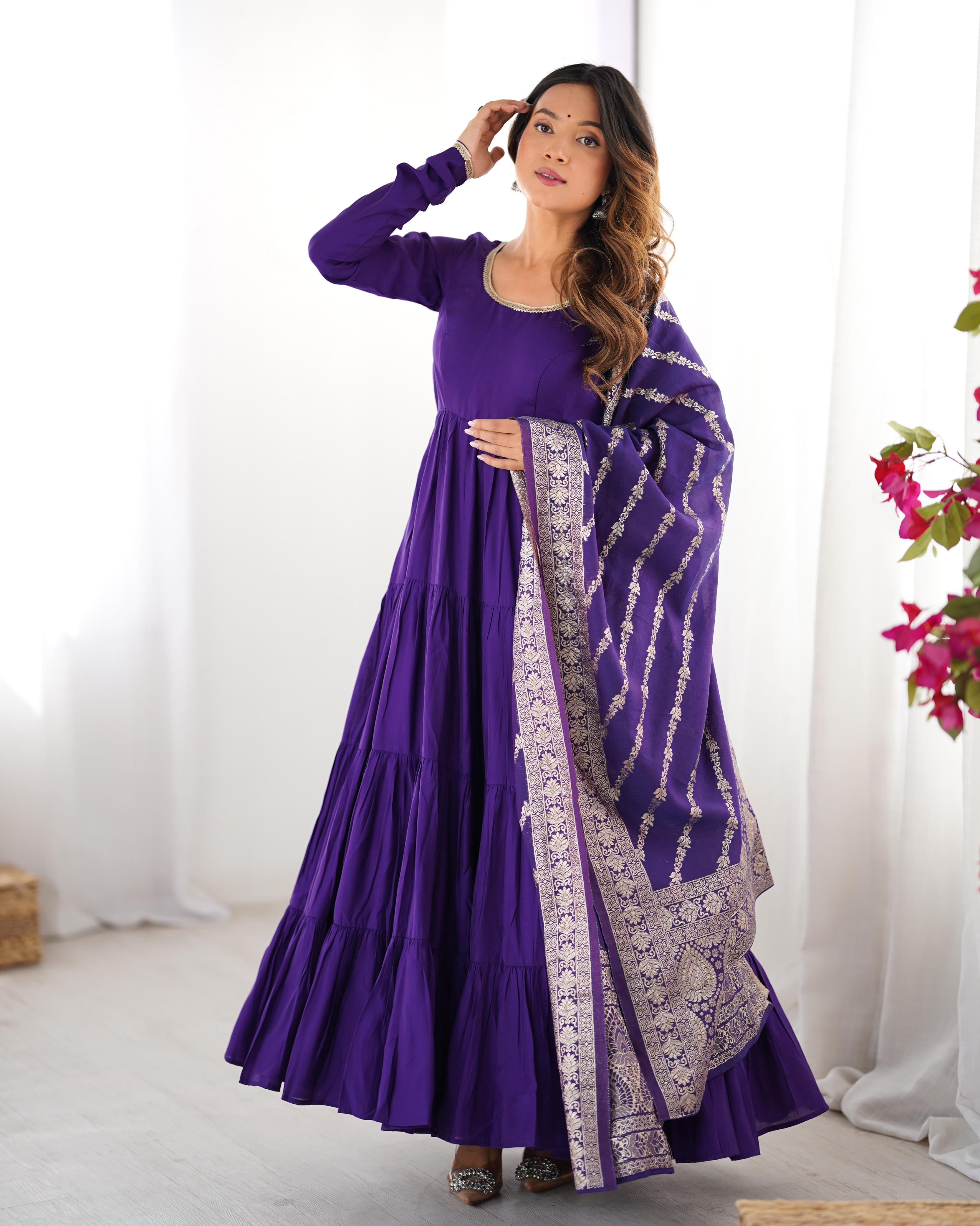 Purple Roman Silk Chanderi Anarkali Suit Set with Flair for Festive Wear