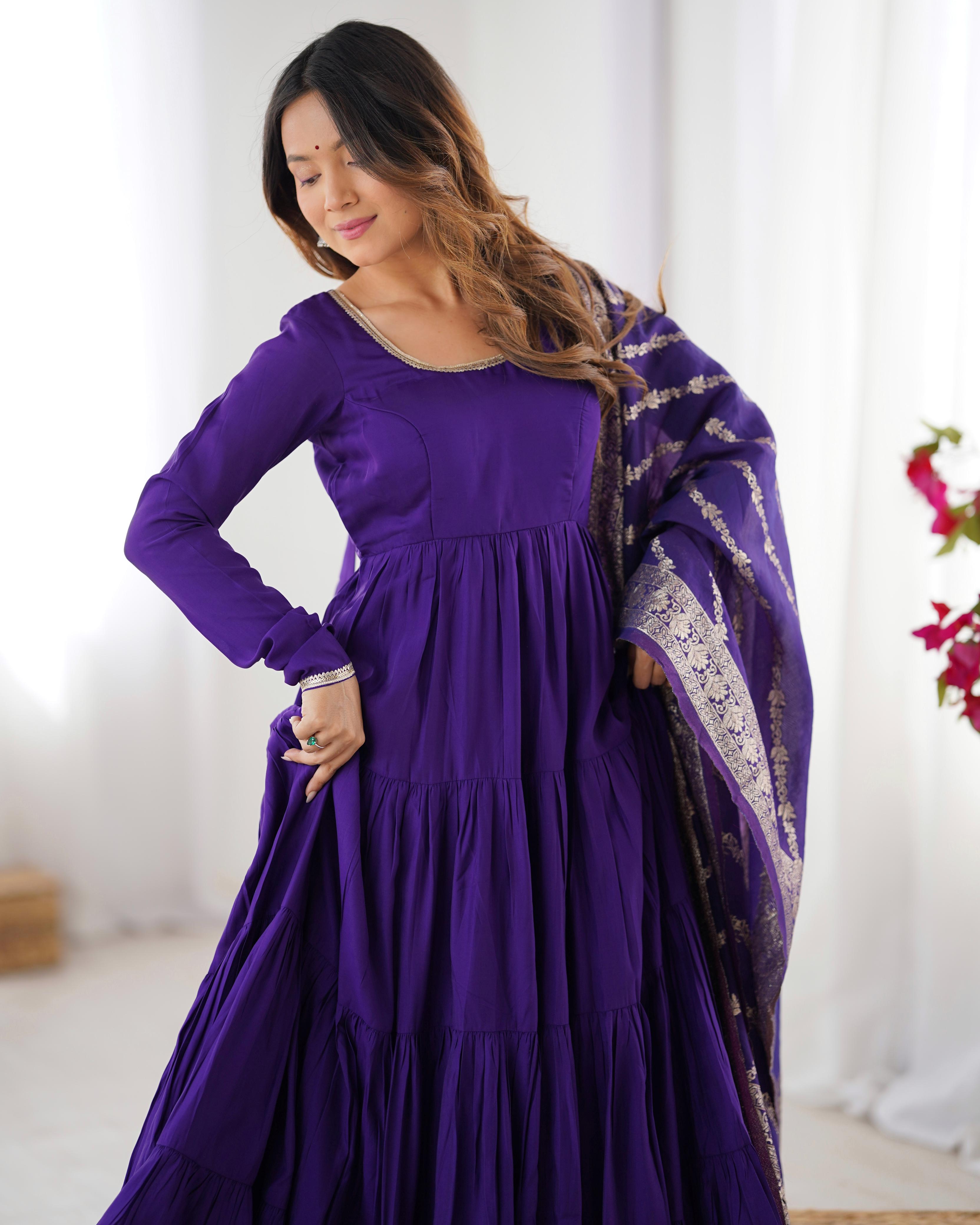 Purple Roman Silk Chanderi Anarkali Suit Set with Flair for Festive Wear
