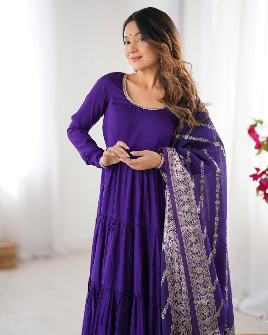 Purple Roman Silk Chanderi Anarkali Suit Set with Flair for Festive Wear