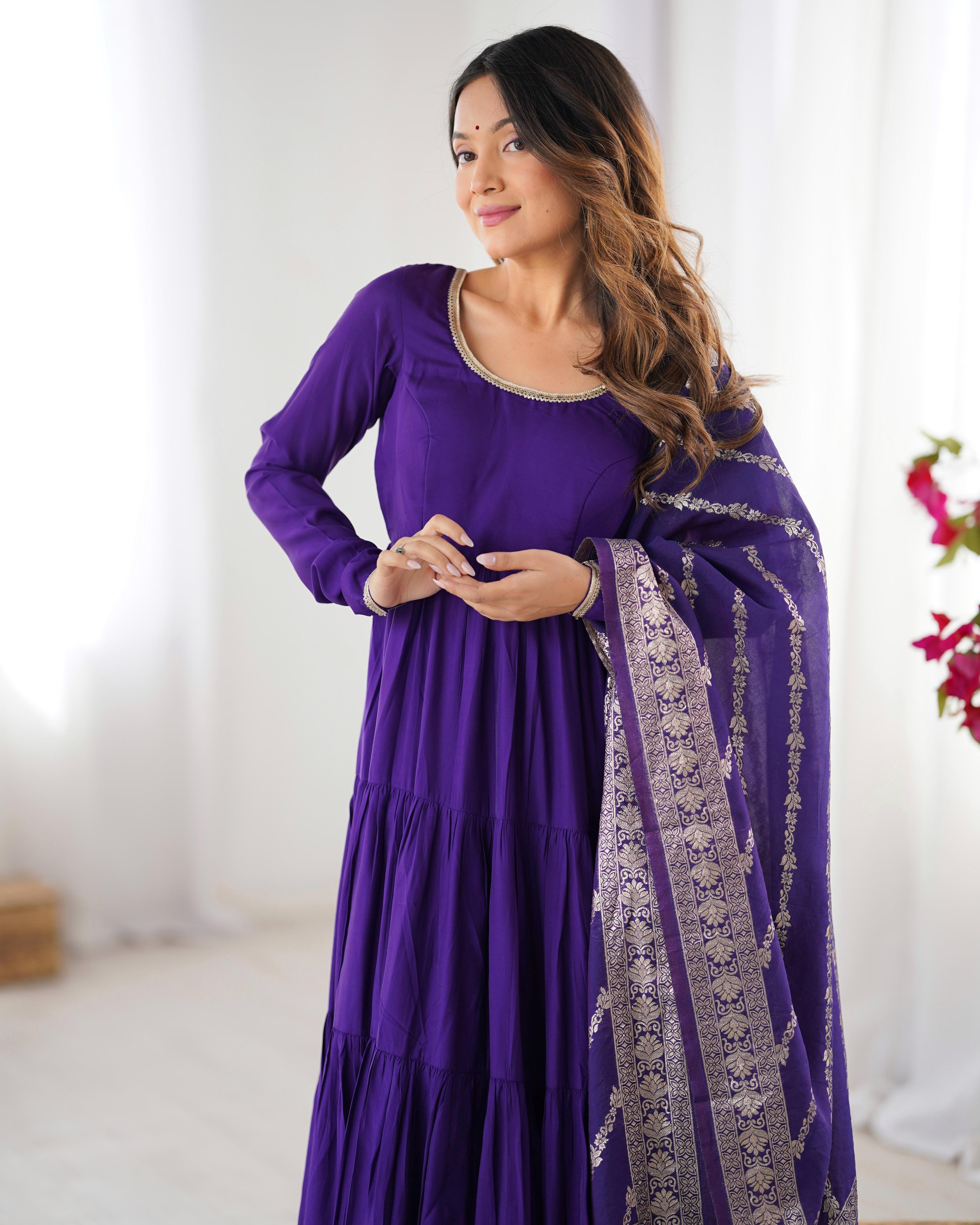 Purple Roman Silk Chanderi Anarkali Suit Set with Flair for Festive Wear
