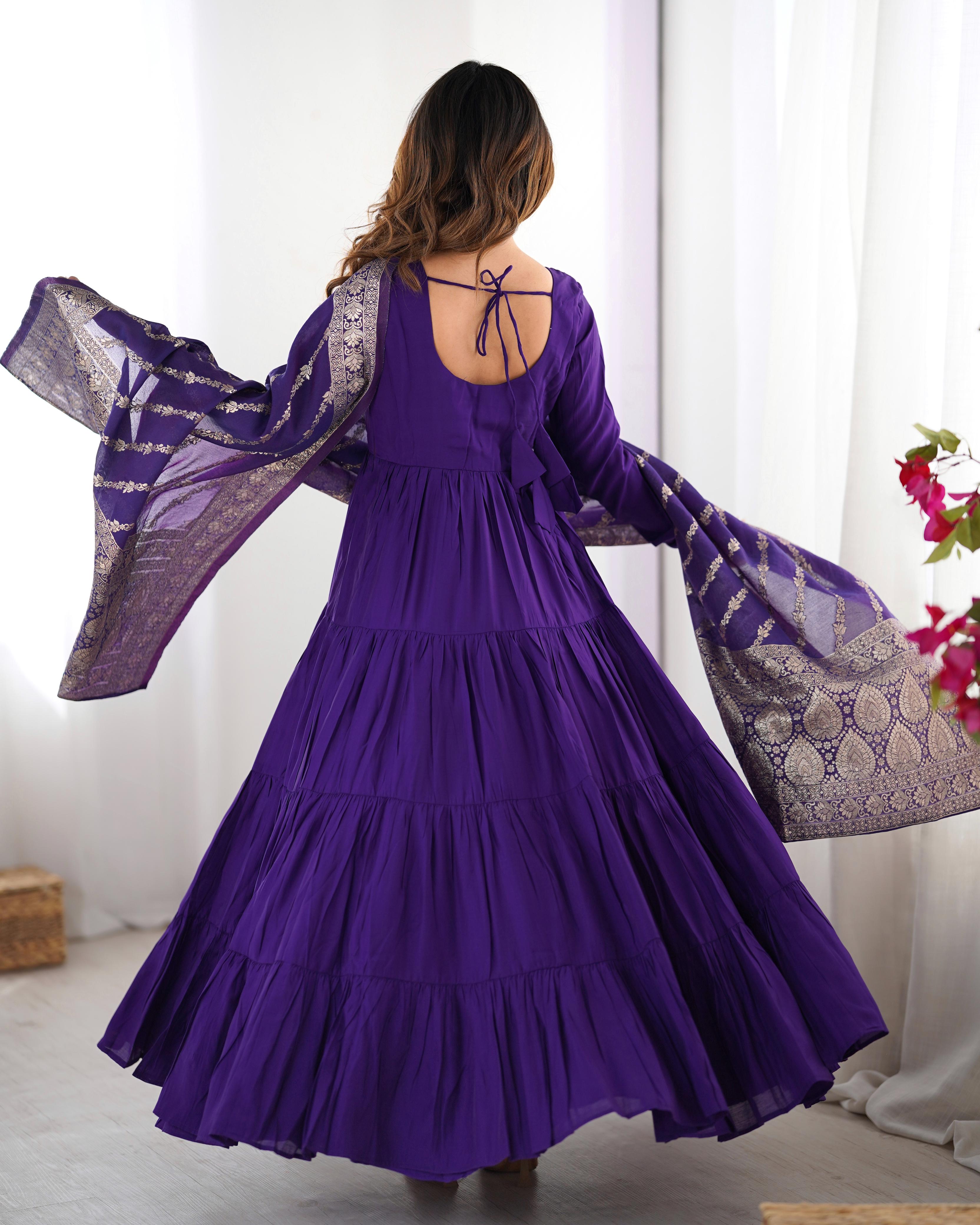 Purple Roman Silk Chanderi Anarkali Suit Set with Flair for Festive Wear